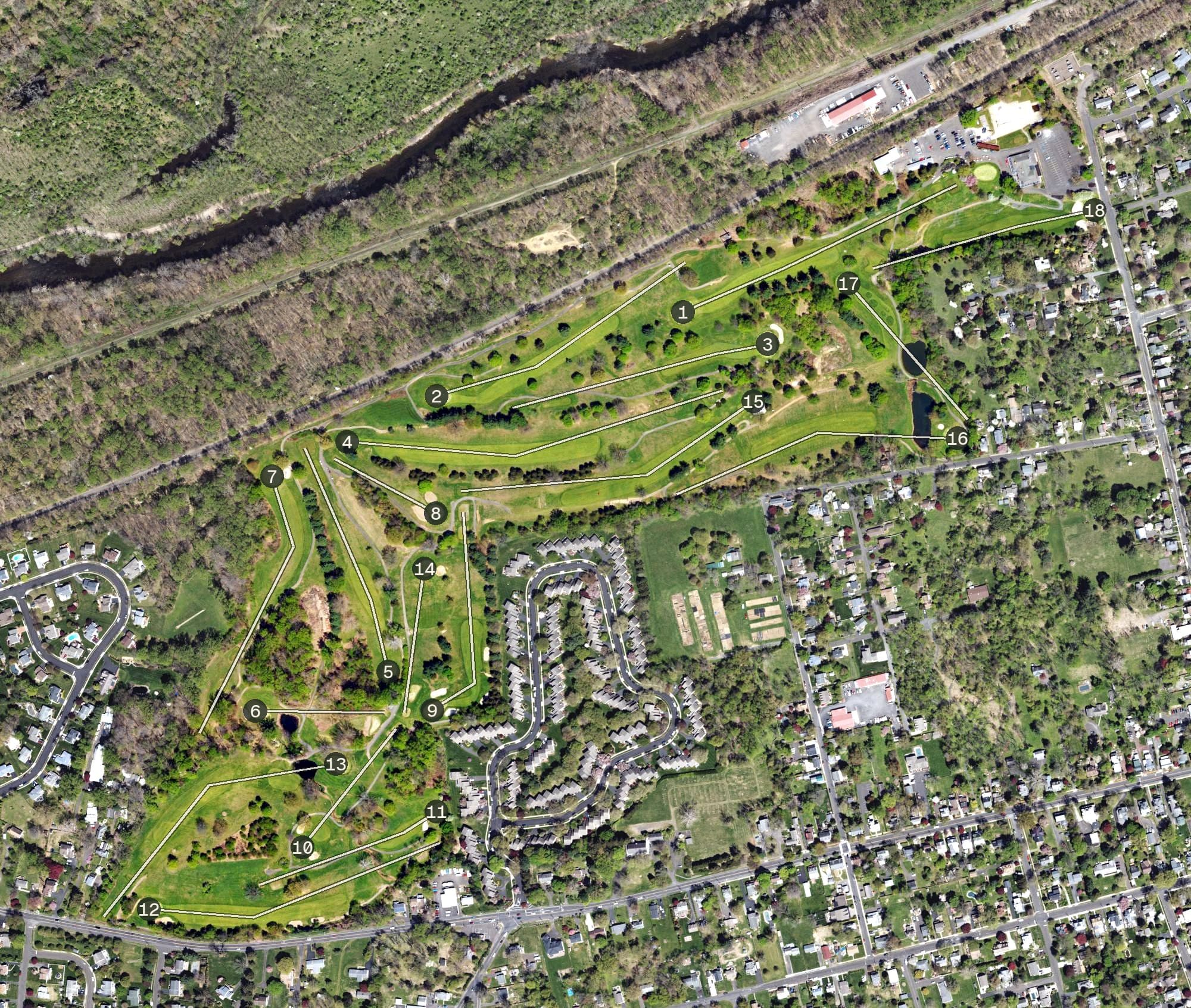 Aerial view of Middletown Country Club, PA, with its hole routing marked