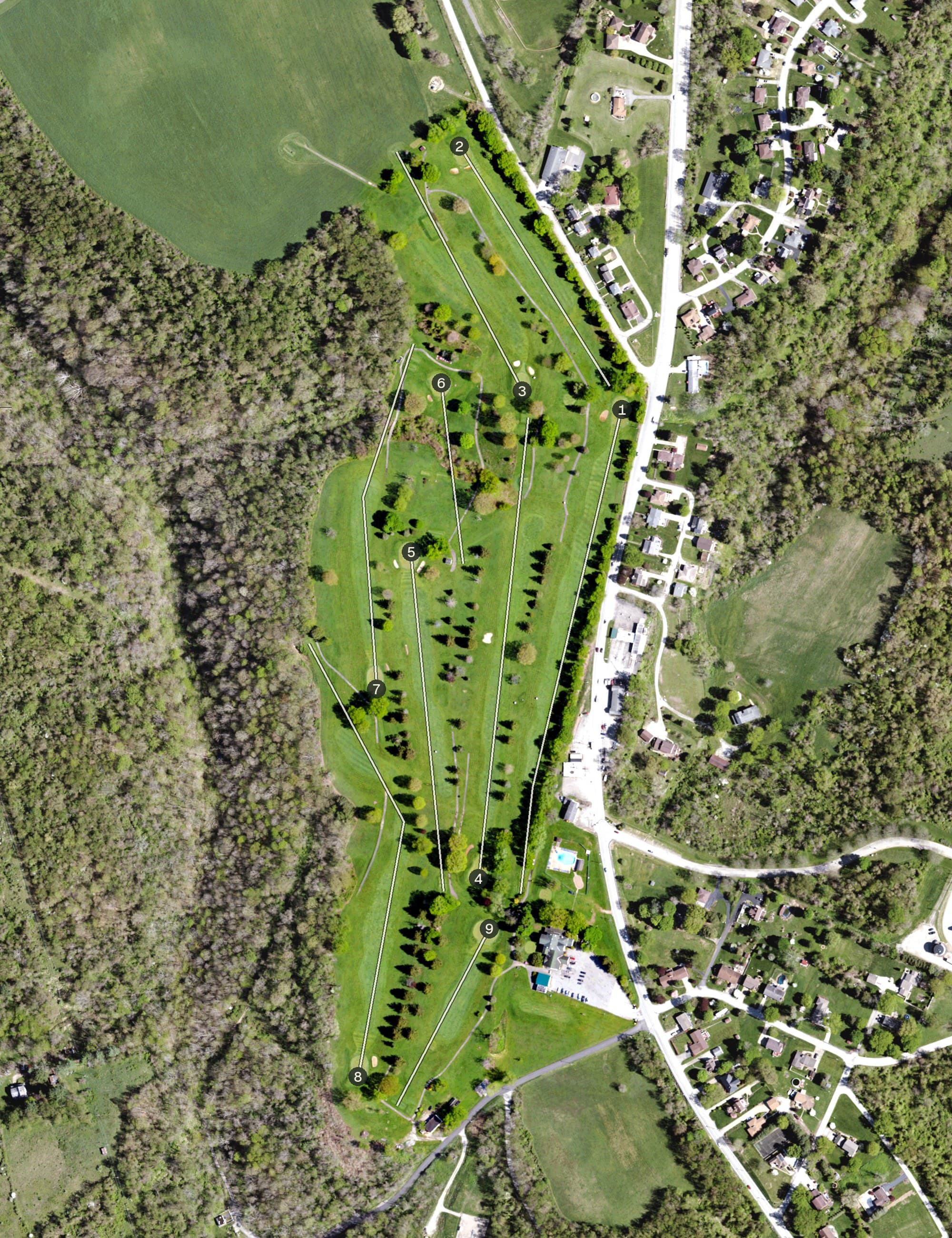 Aerial view of Monongahela Valley Country Club, PA, with its hole routing marked