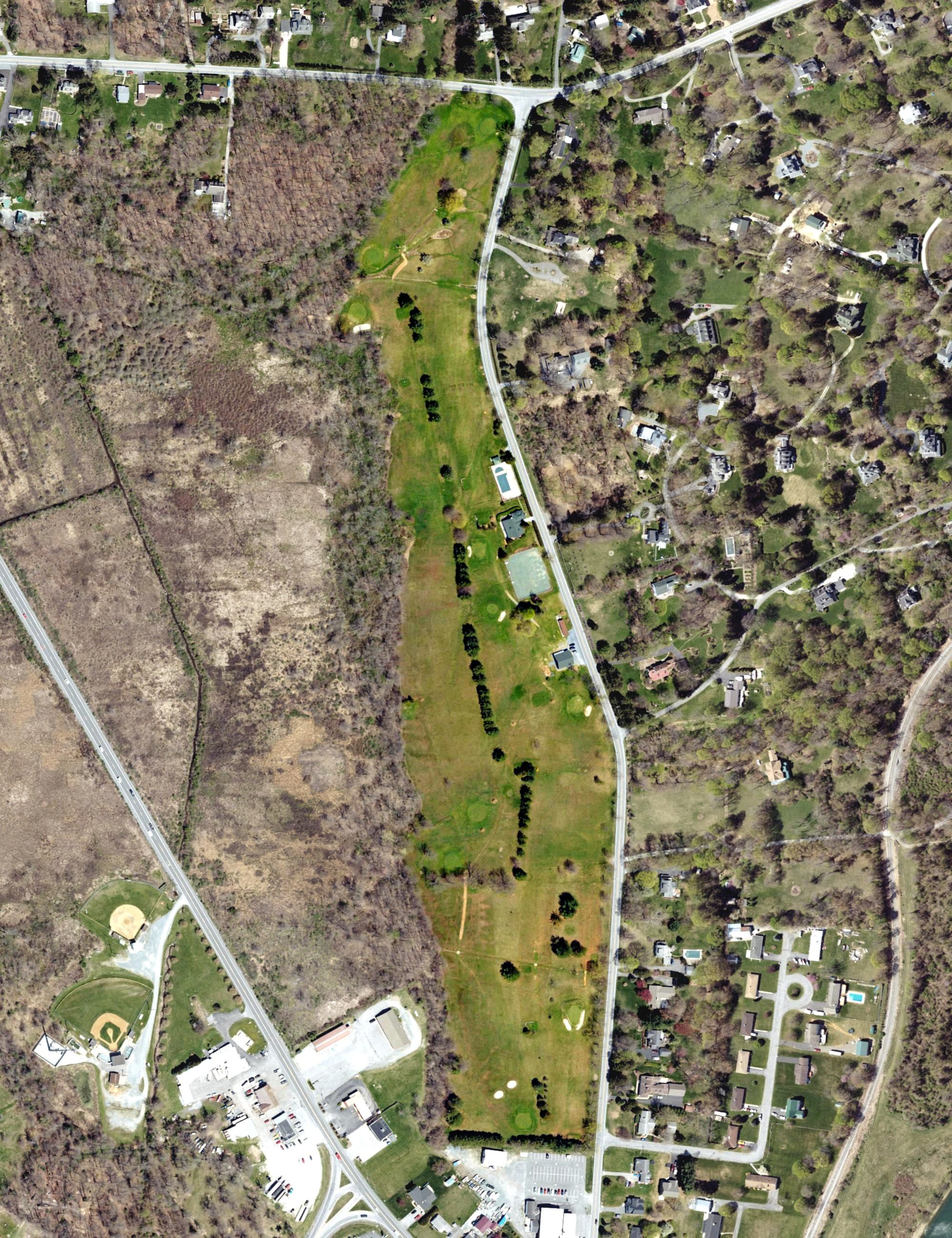 Aerial view of Monterey Country Club, PA, with its hole routing marked