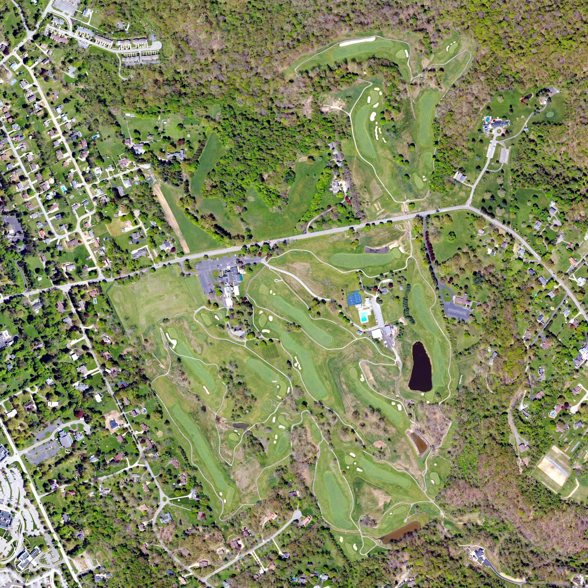 Aerial view of Montour Heights Country Club, PA, with its hole routing marked