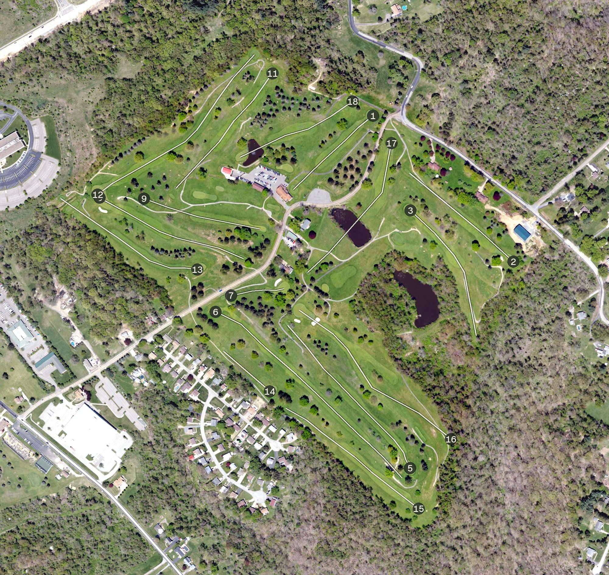 Aerial view of Moon Golf Club, PA, with its hole routing marked
