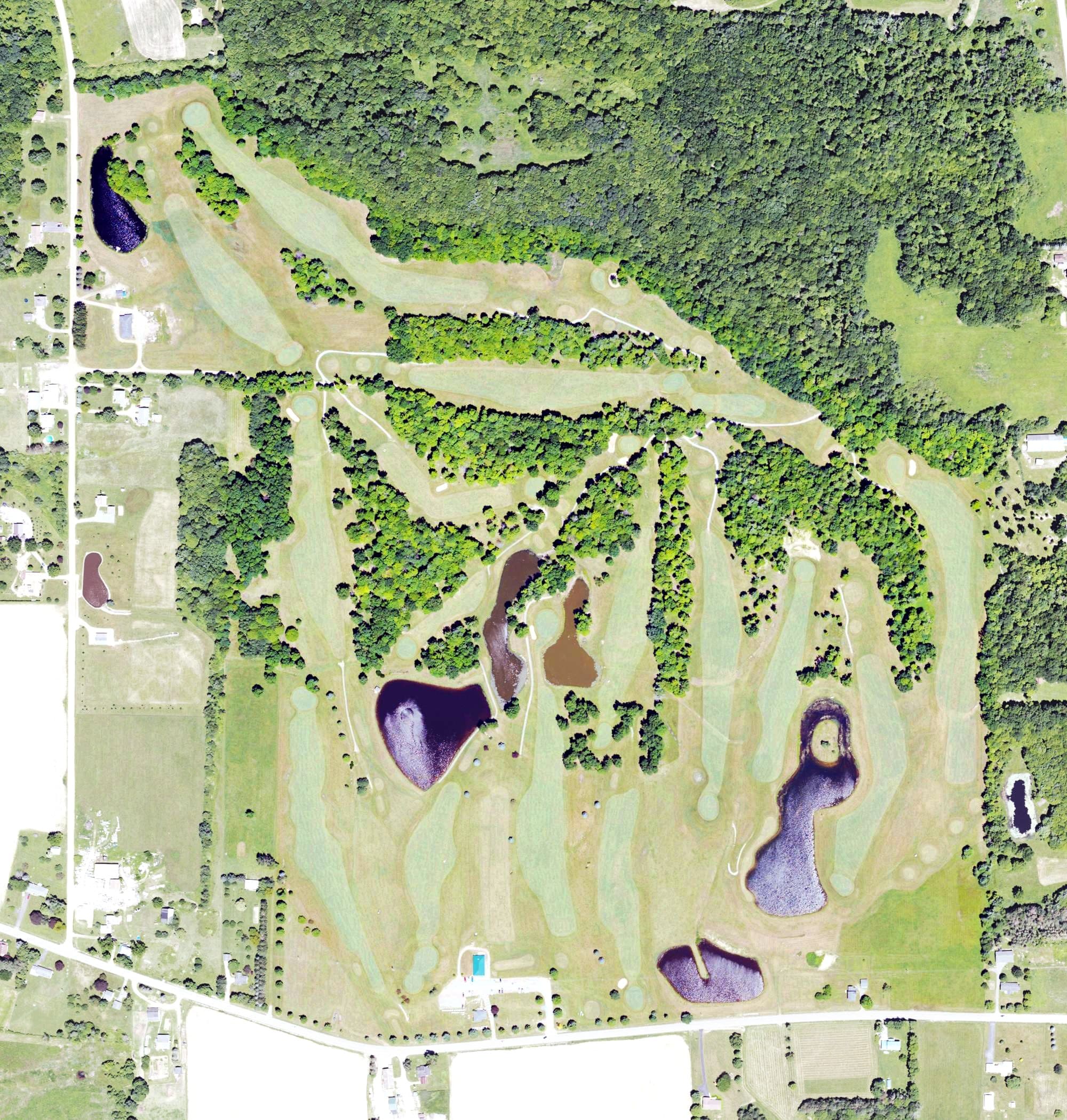 Aerial view of Mt Hope Golf Course, PA, with its hole routing marked