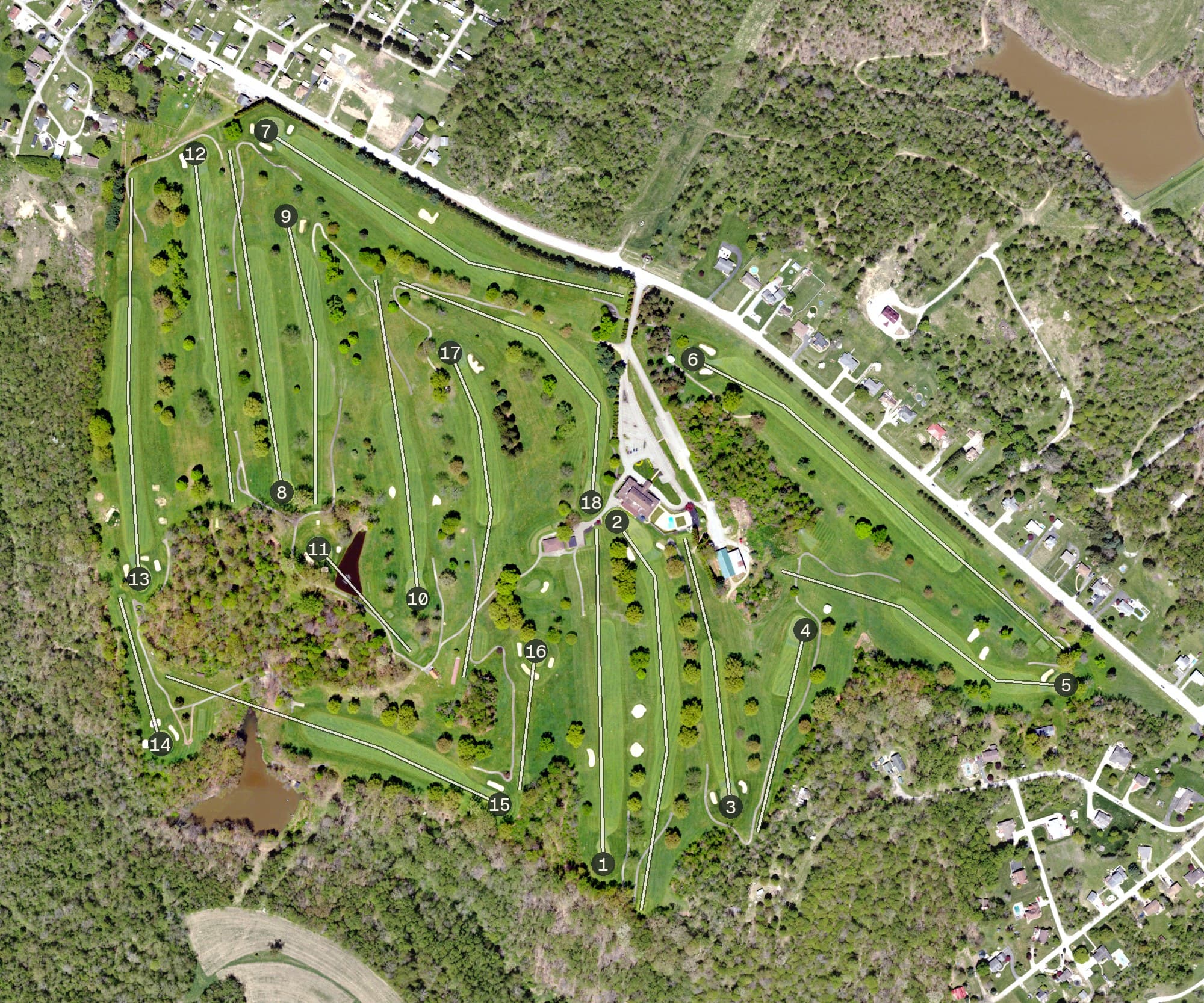 Aerial view of Nemacolin Country Club, PA, with its hole routing marked