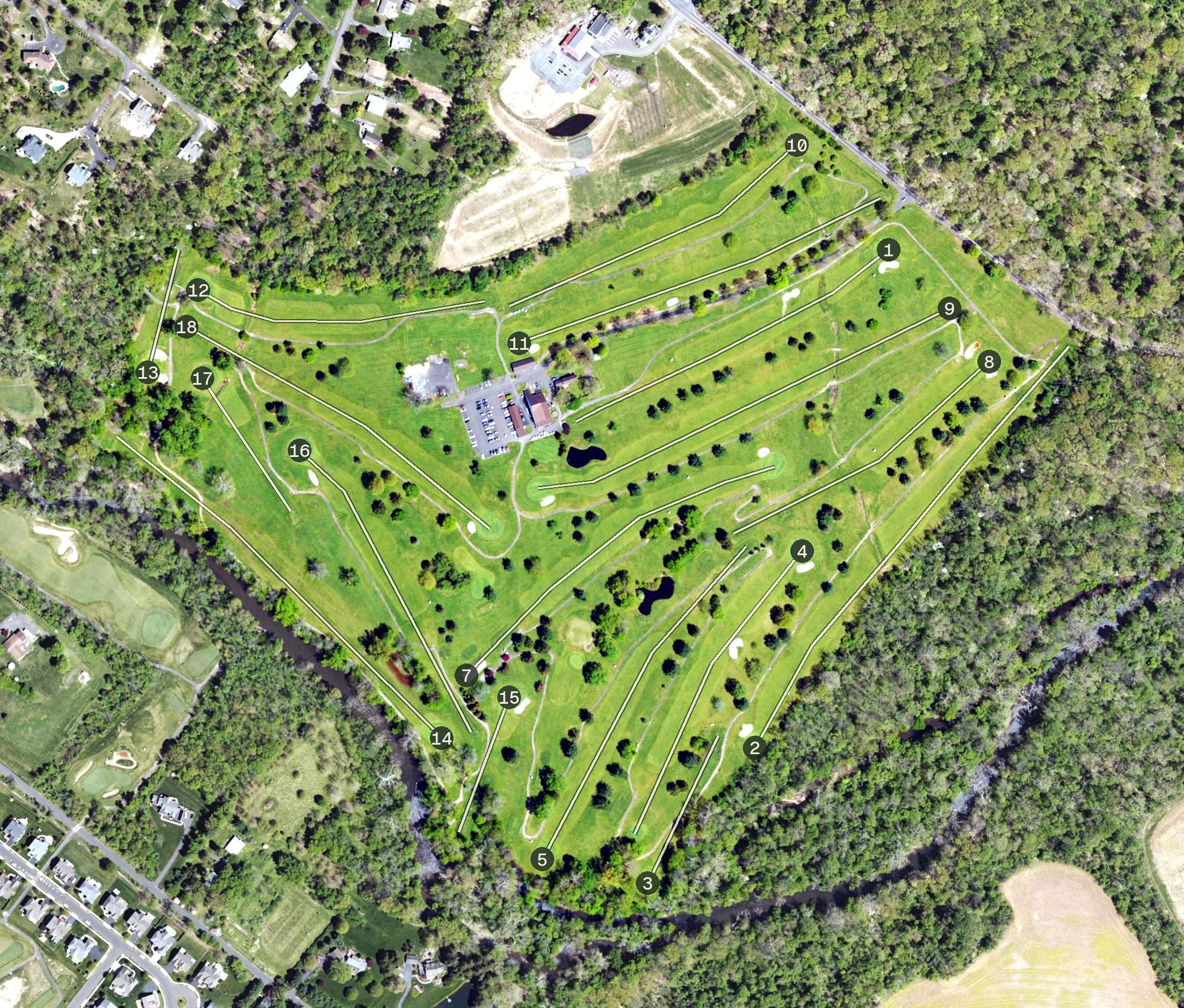 Aerial view of Neshaminy Valley Golf Club, PA, with its hole routing marked