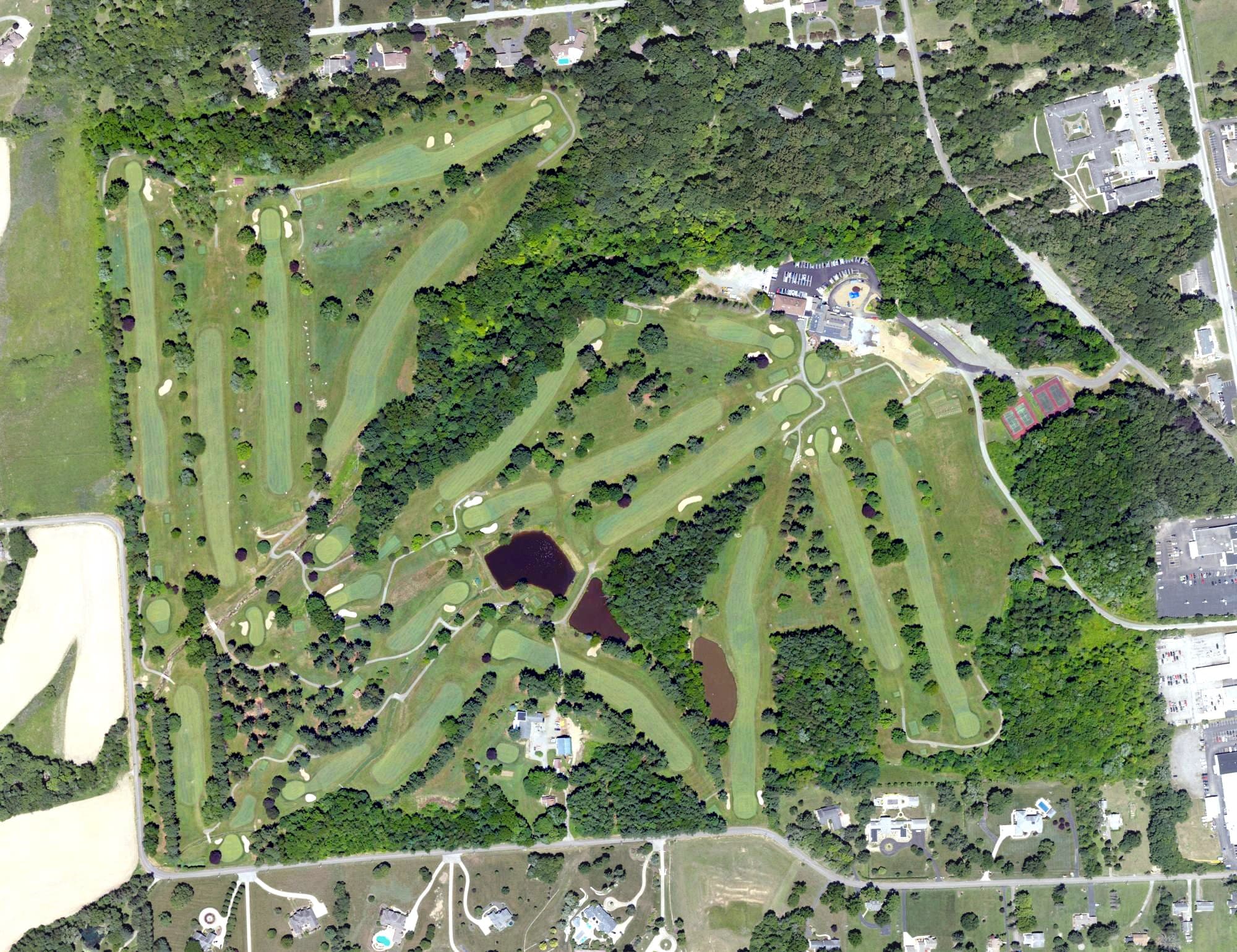 Aerial view of New Castle Country Club, PA, with its hole routing marked