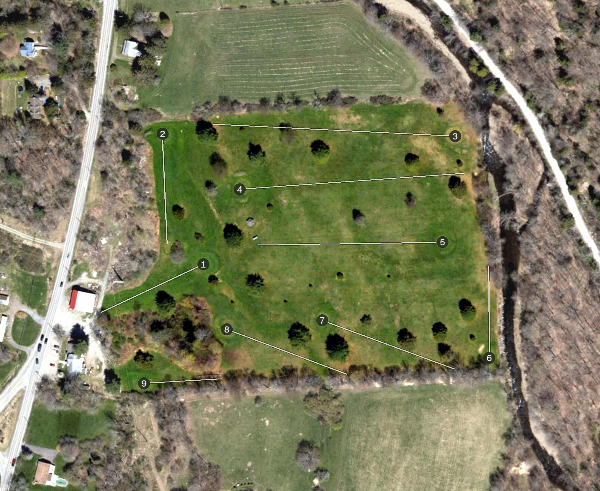 Aerial view of Newfoundland Golf Course, PA, with its hole routing marked