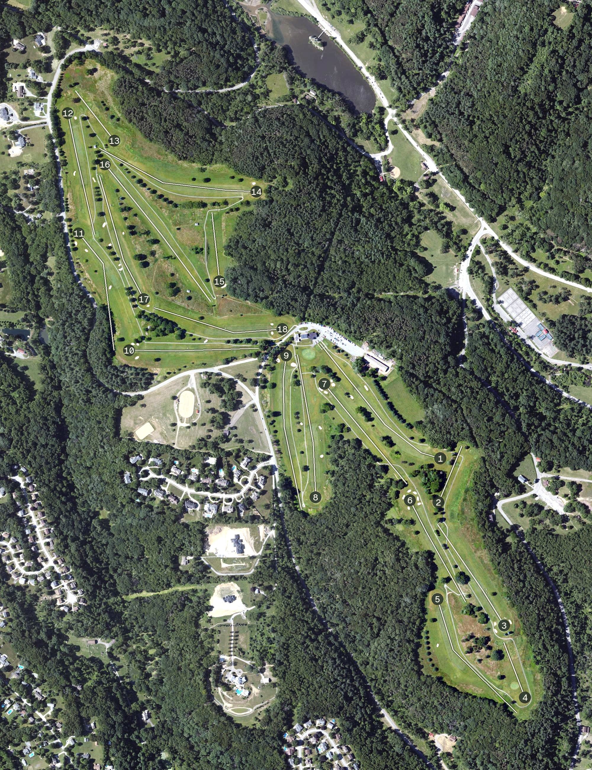 Aerial view of North Park Golf Course, PA, with its hole routing marked