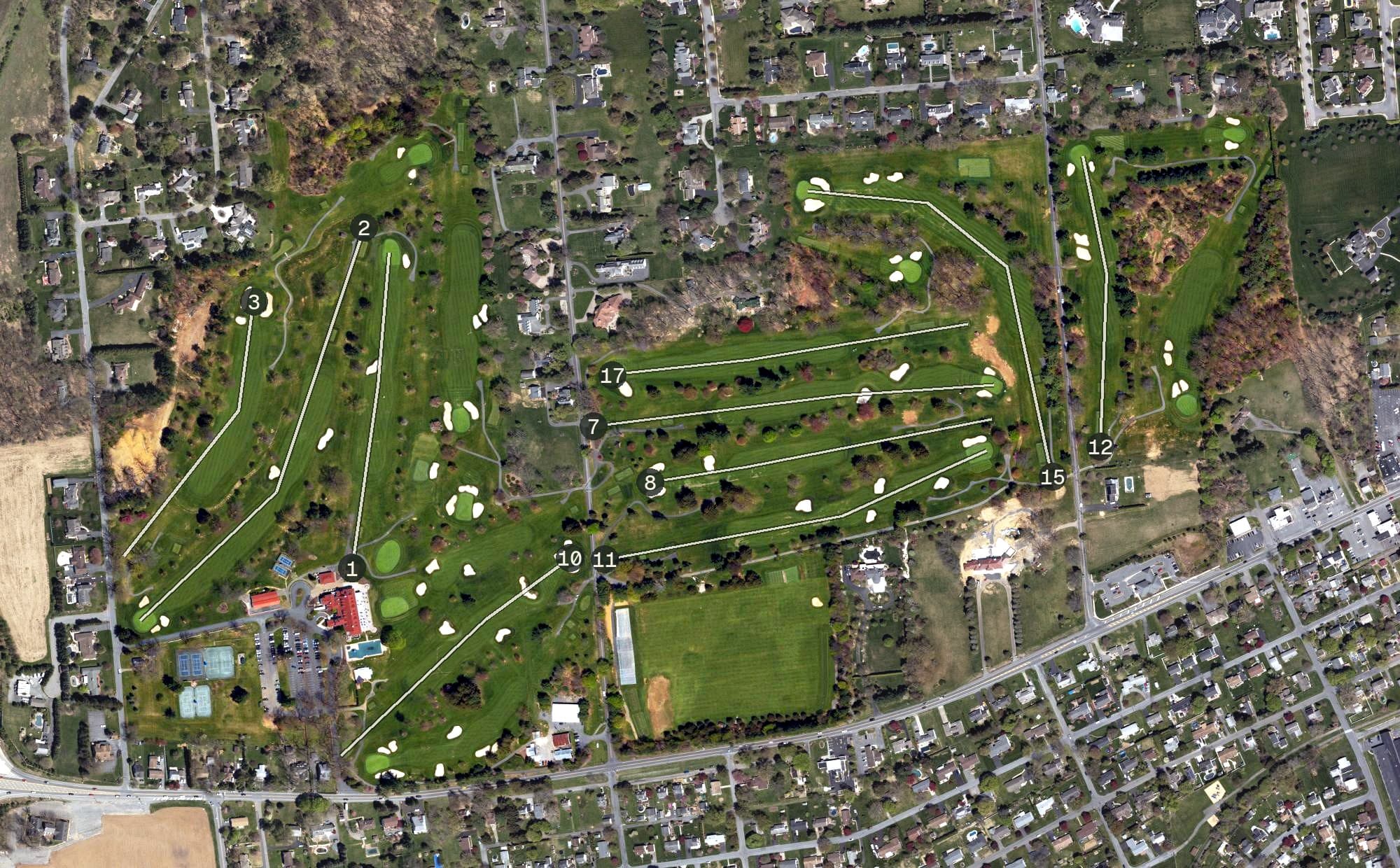 Aerial view of Northampton Country Club, PA, with its hole routing marked