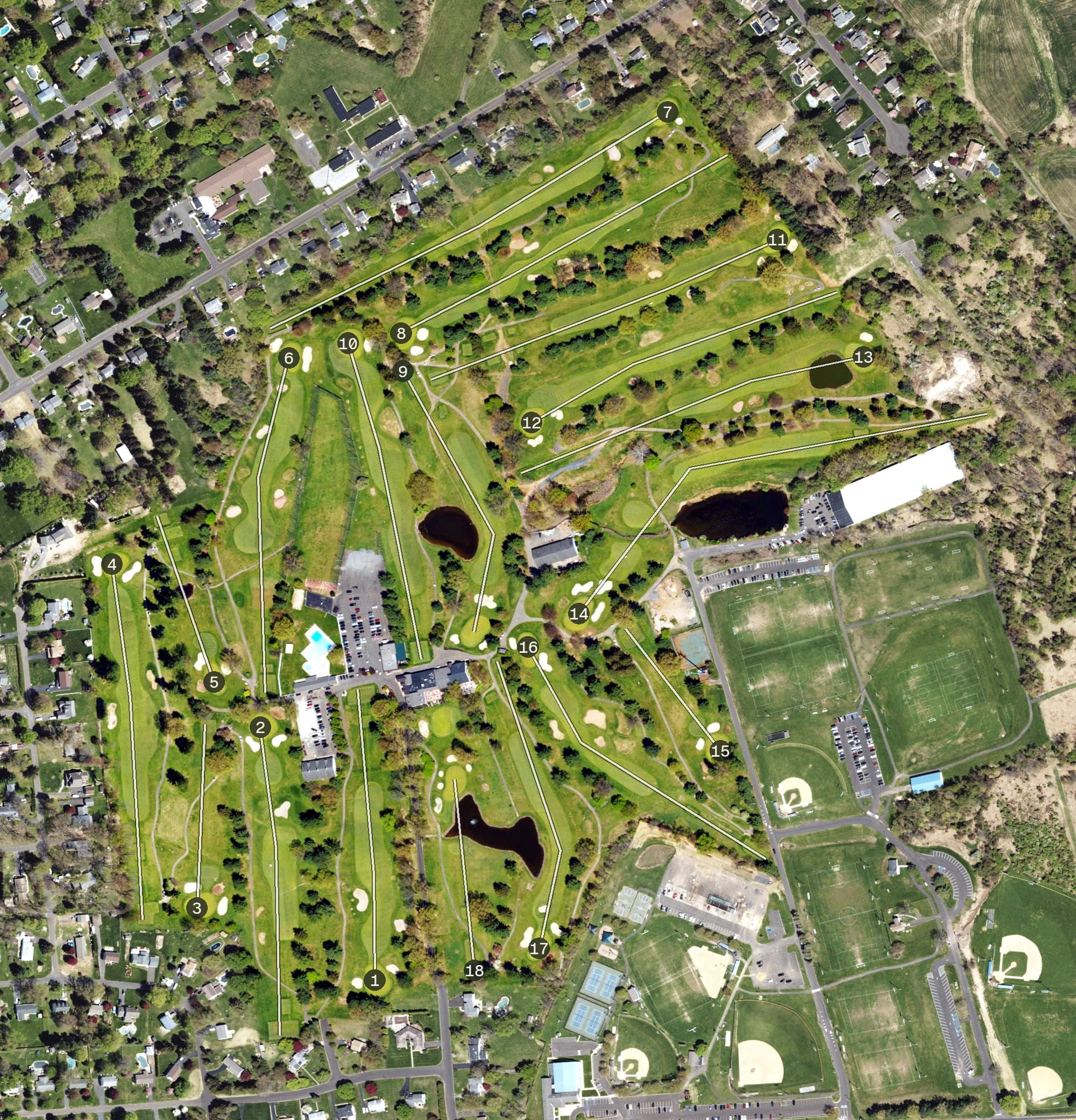 Aerial view of Northampton Valley Country Club, PA, with its hole routing marked