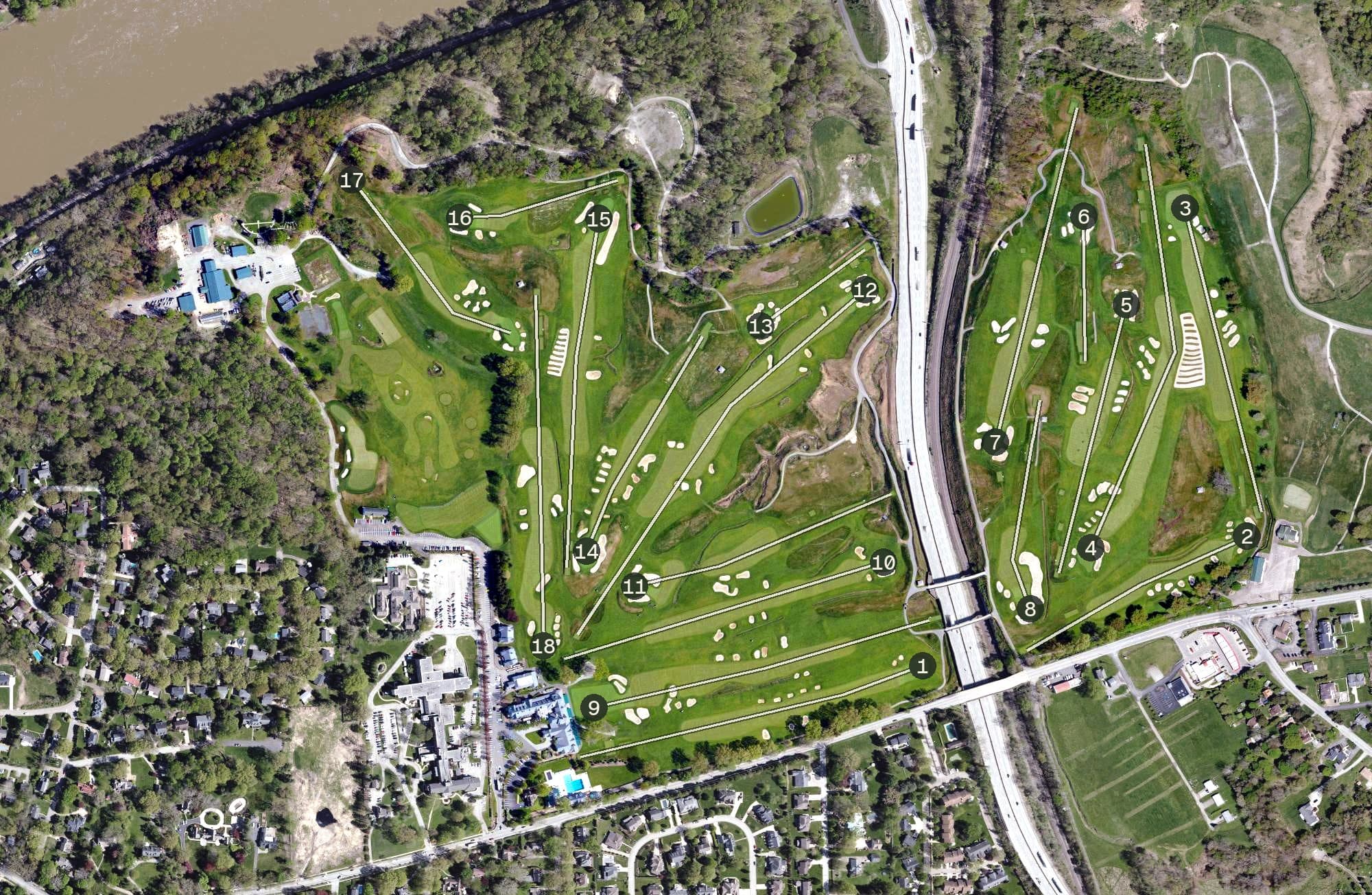Aerial view of Oakmont Country Club, PA, with its hole routing marked