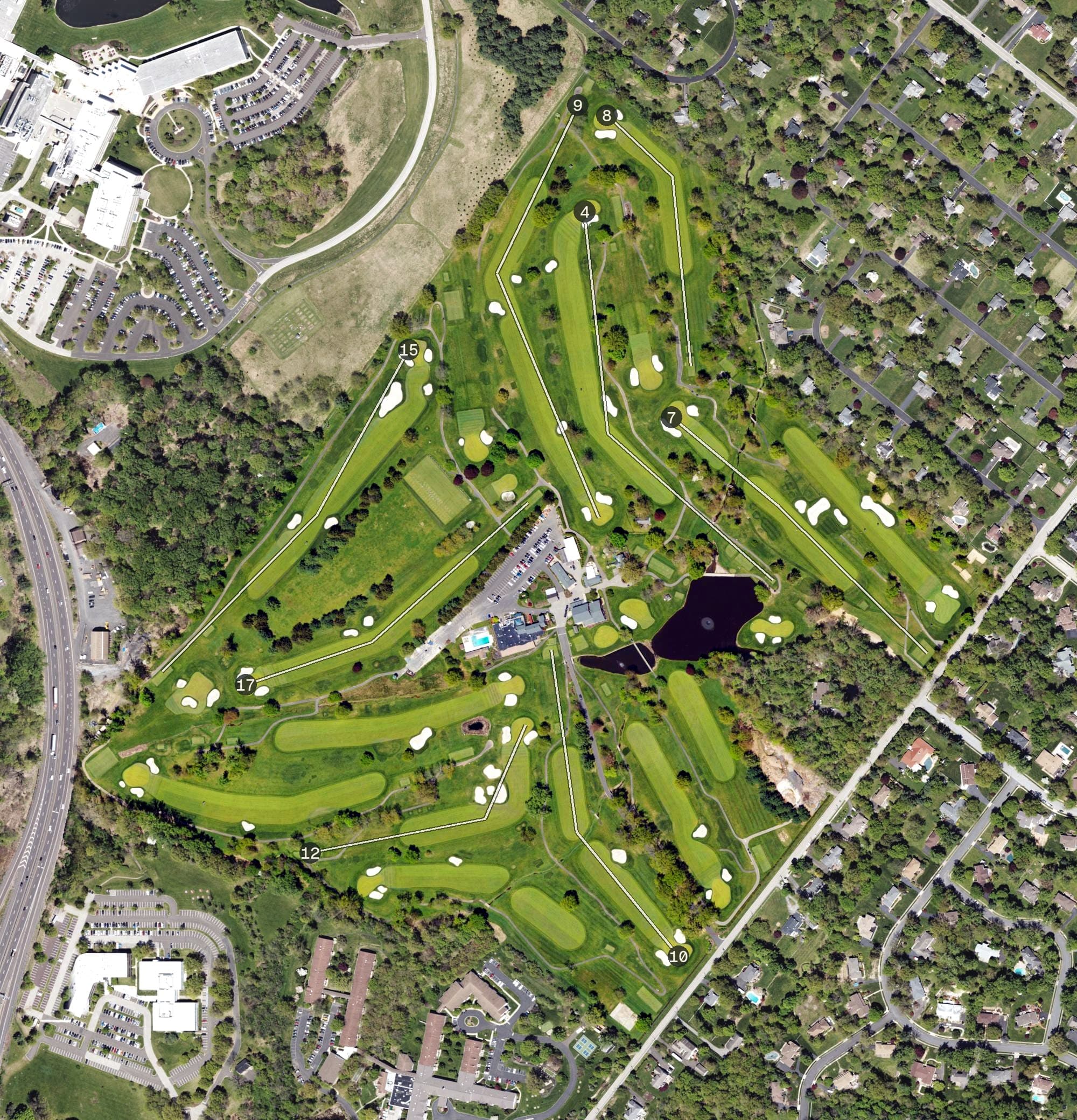 Aerial view of Old York Road Country Club, PA, with its hole routing marked