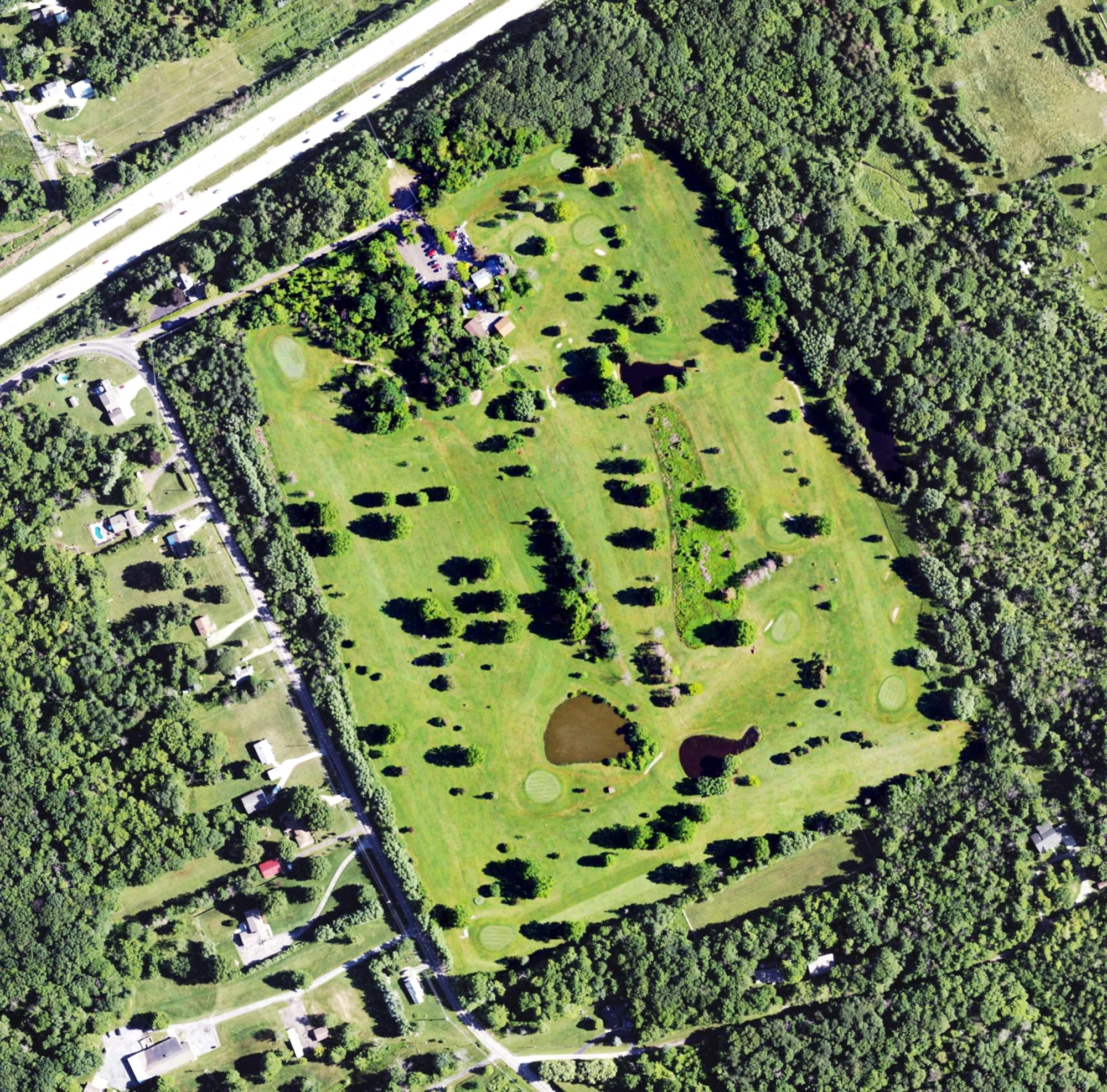 Aerial view of Orchard Ponds Golf Club, PA, with its hole routing marked