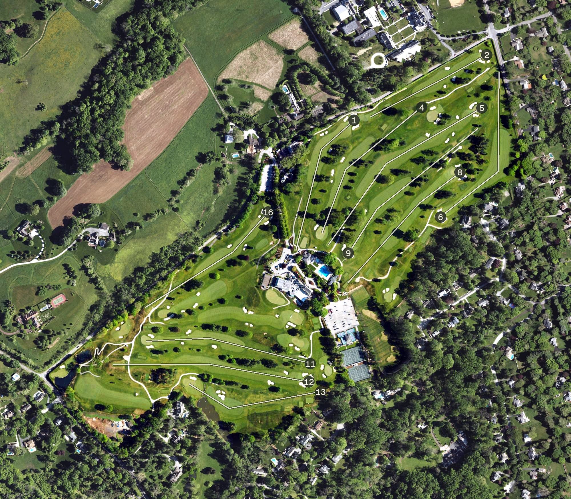 Aerial view of Overbrook Golf Club, PA, with its hole routing marked