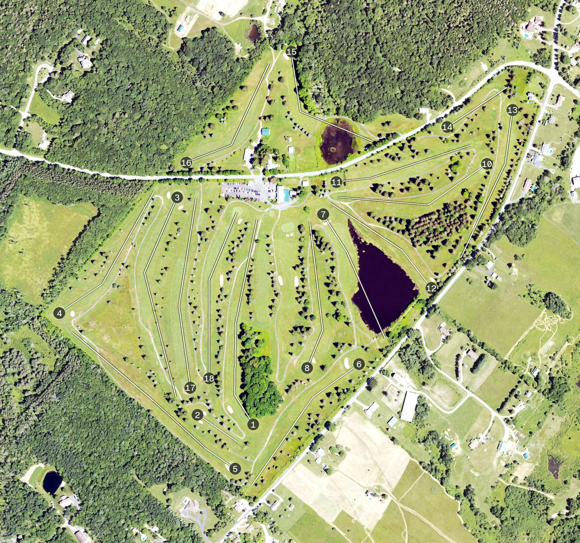 Aerial view of PANORAMA GOLF COURSE, PA, with its hole routing marked