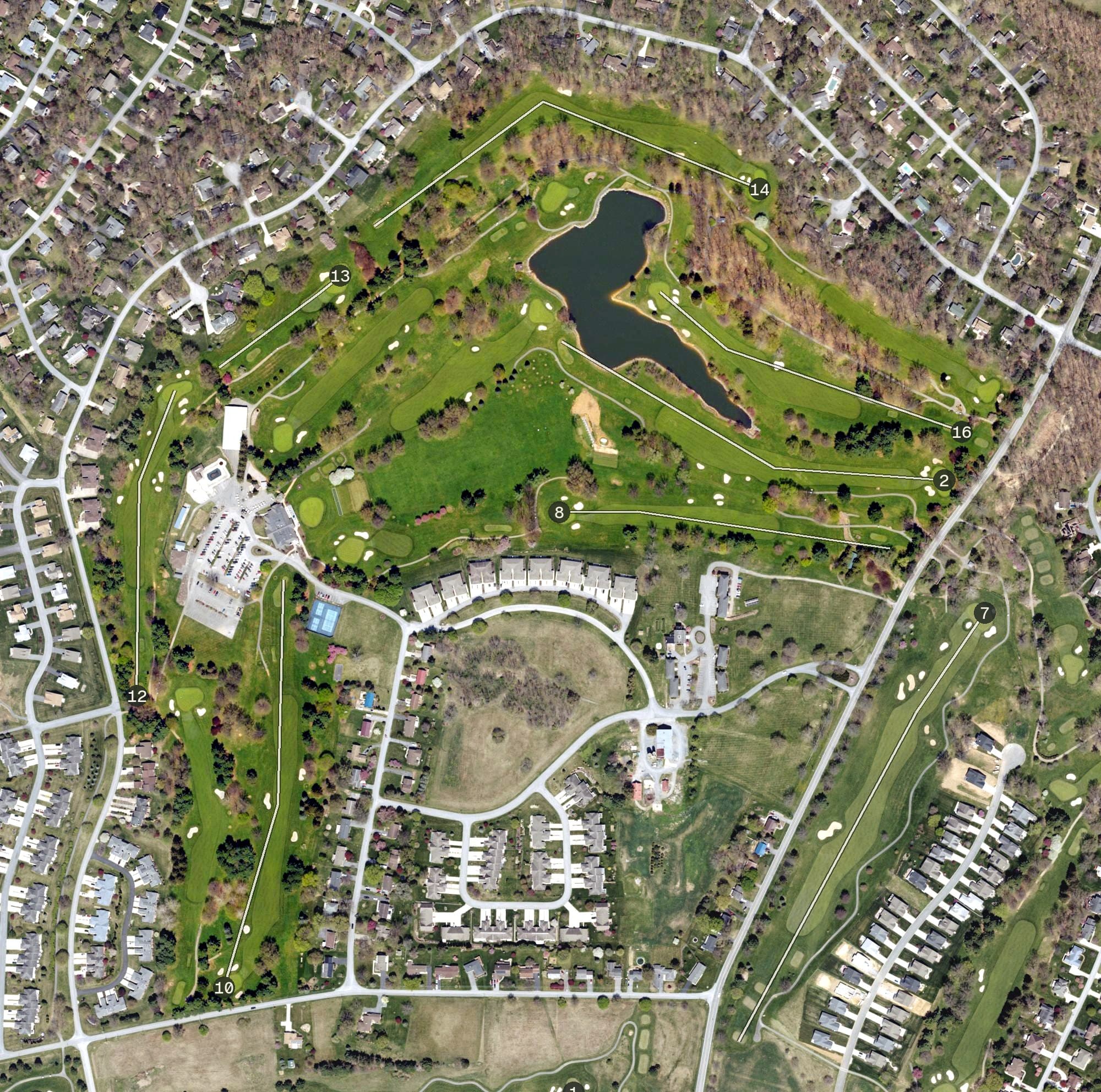Aerial view of Penn National Golf Course, PA, with its hole routing marked