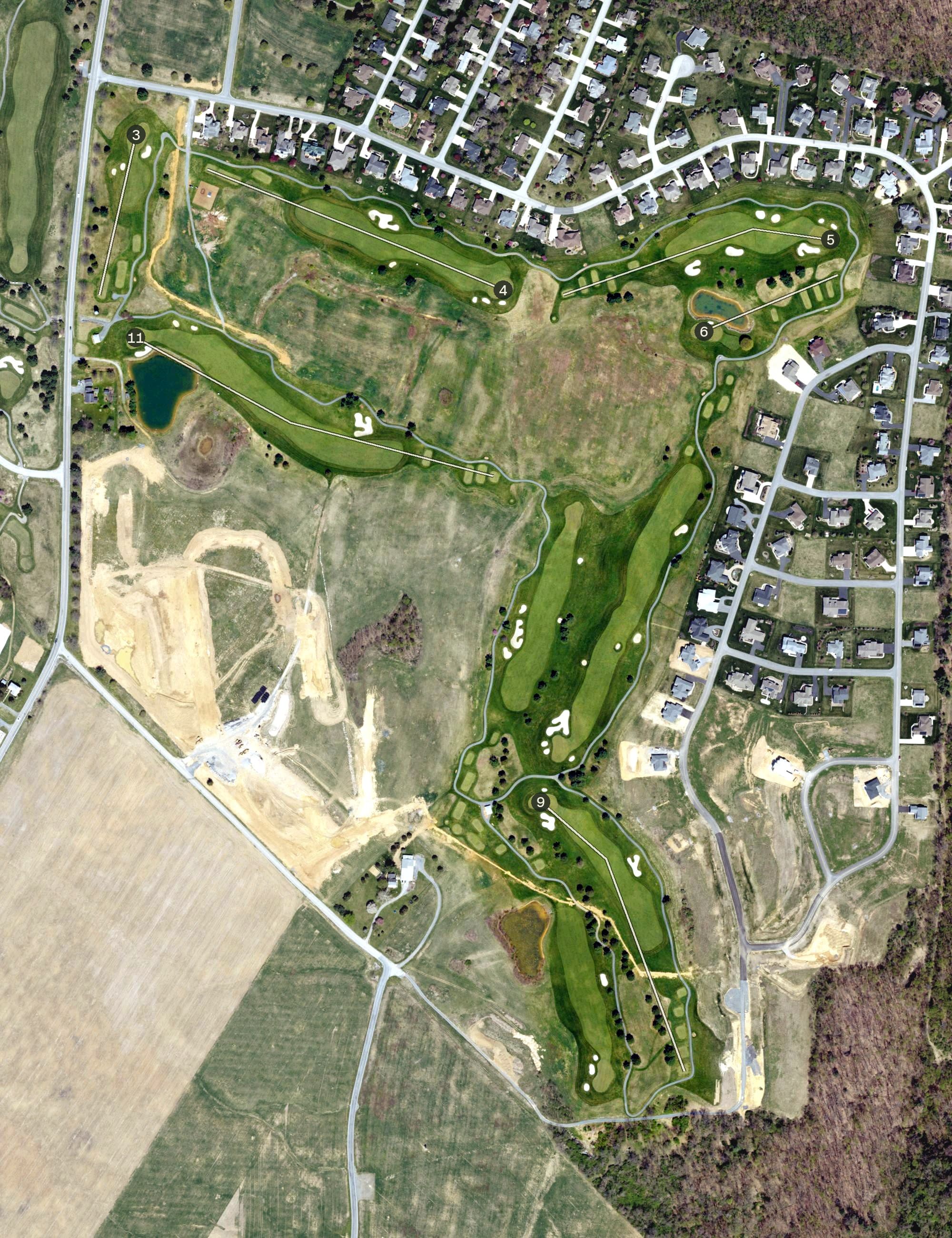 Aerial view of Penn National Golf Course, PA, with its hole routing marked