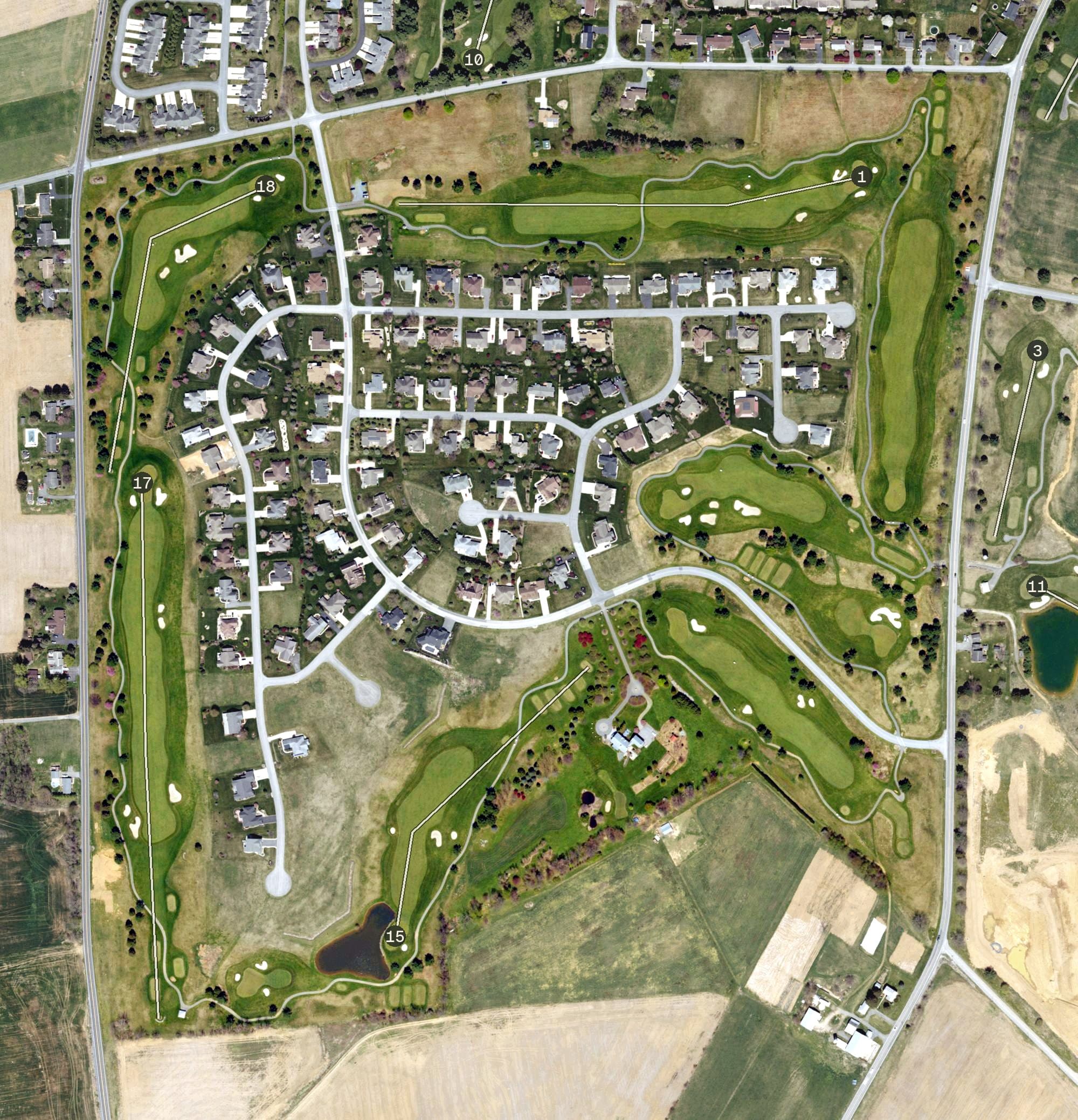 Aerial view of Penn National Golf Course, PA, with its hole routing marked