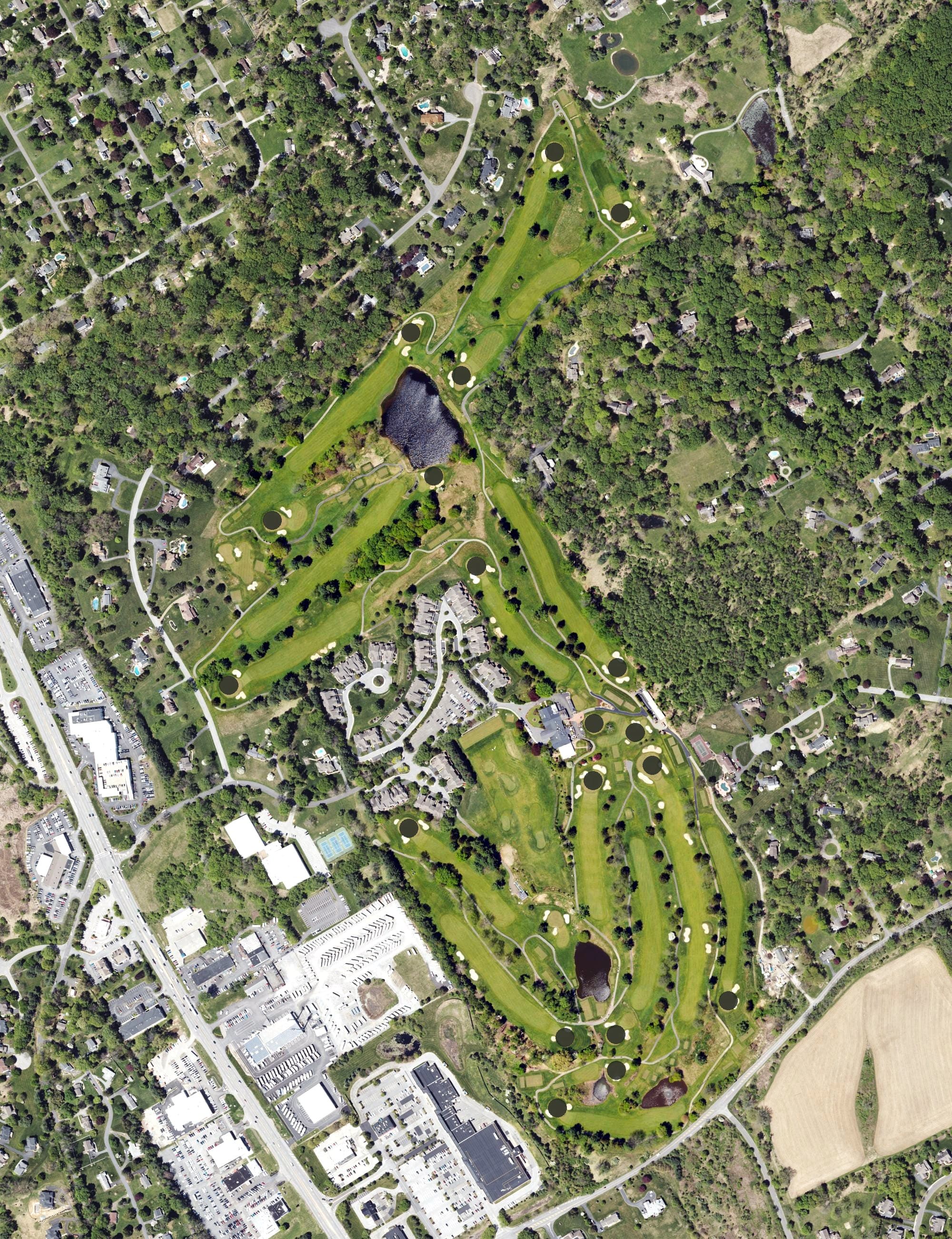 Aerial view of Penn Oaks Golf Club, PA, with its hole routing marked