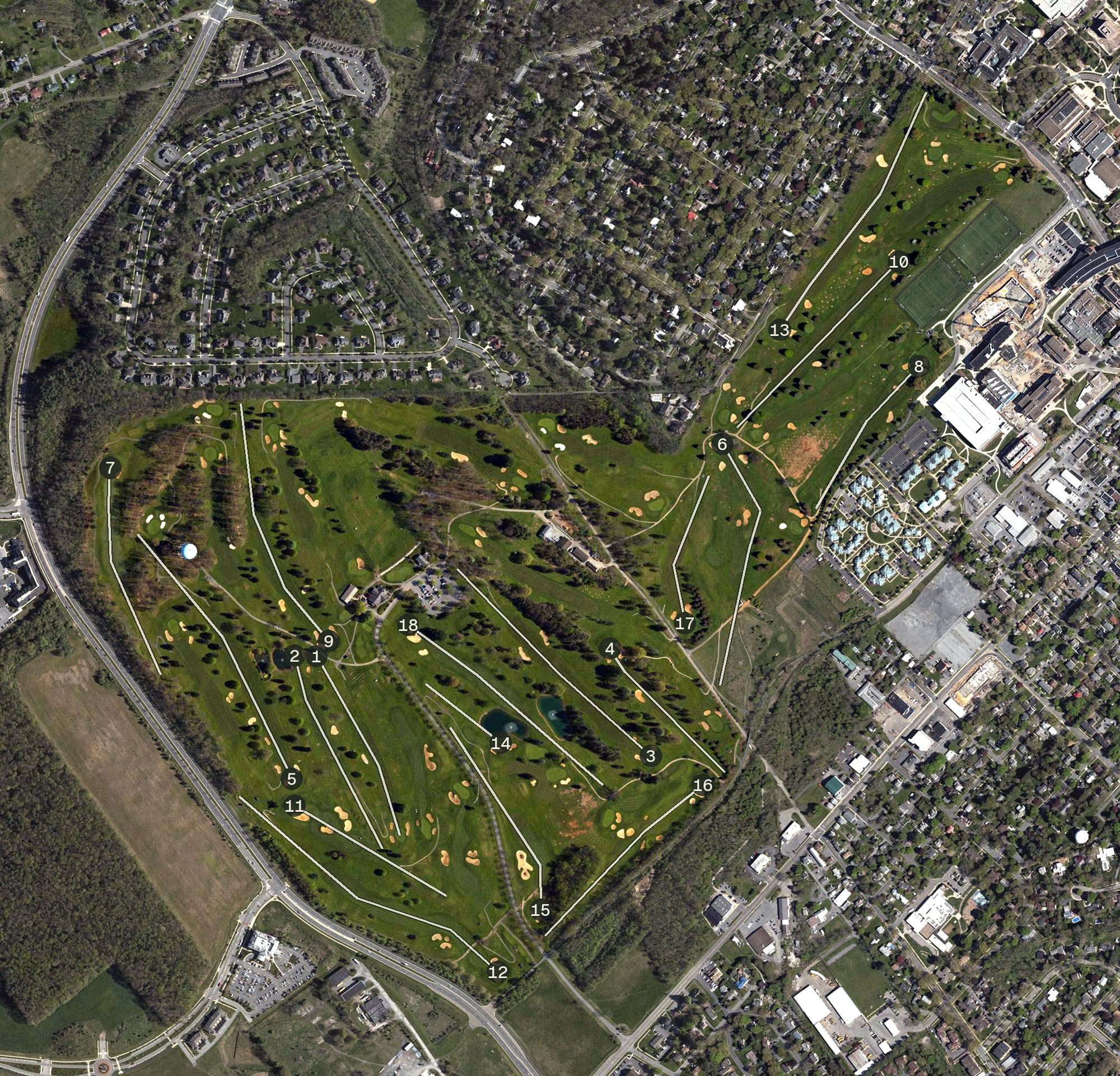 Aerial view of Pennsylvania State Golf Courses, PA, with its hole routing marked