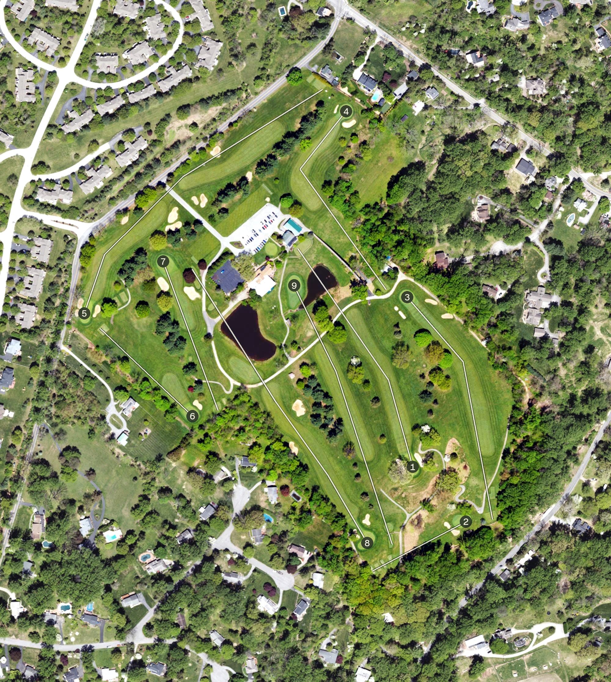 Aerial view of Phoenixville Country Club, PA, with its hole routing marked
