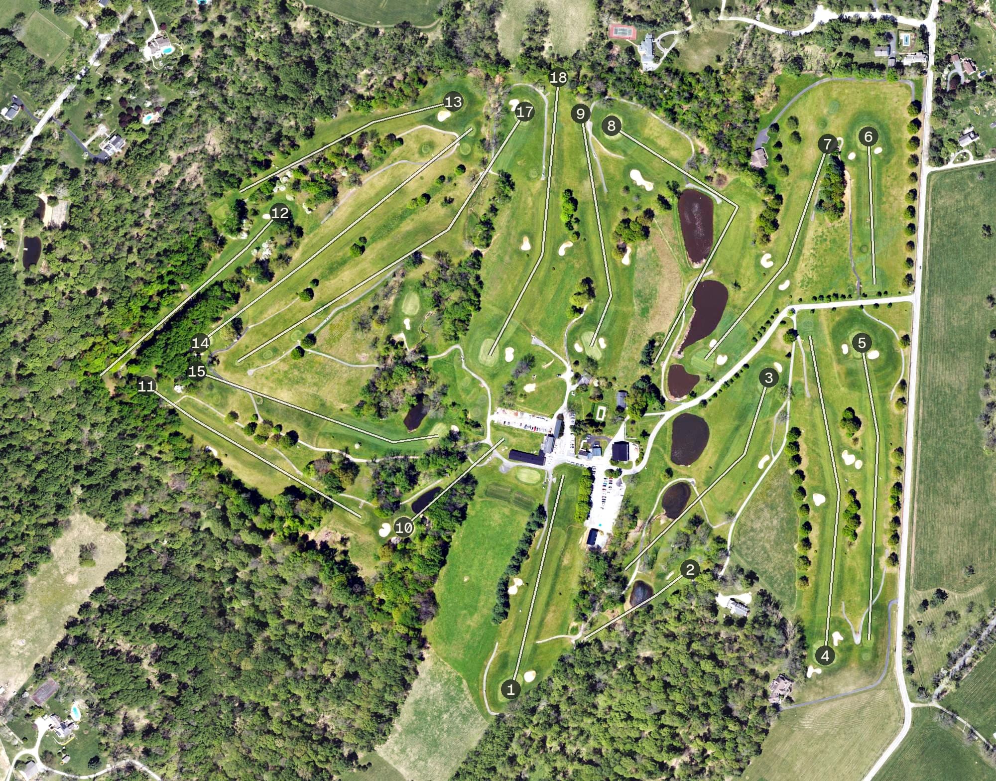Aerial view of Pickering Valley Golf Course, PA, with its hole routing marked