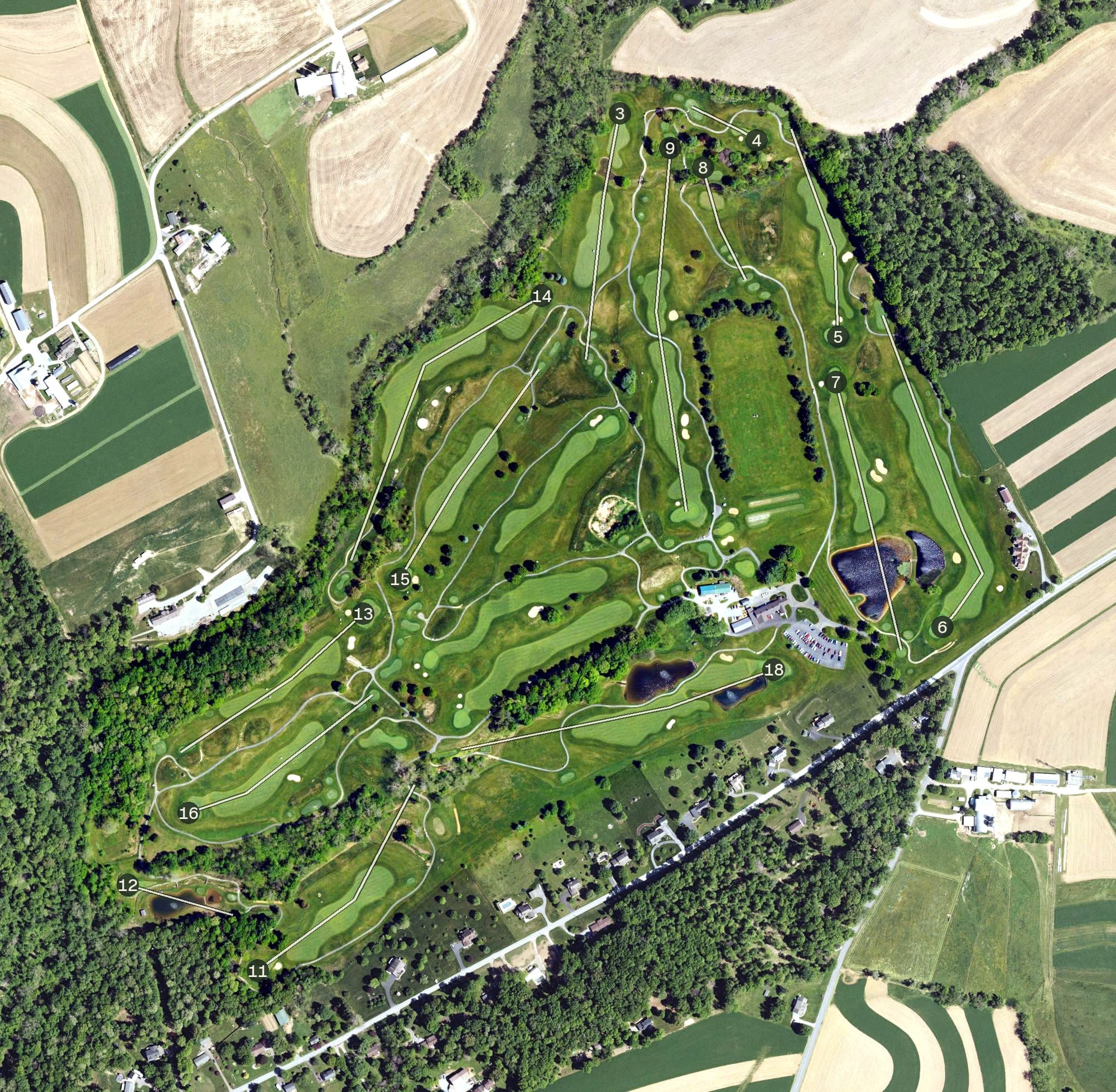 Aerial view of Pilgrims Oak Golf Course, PA, with its hole routing marked