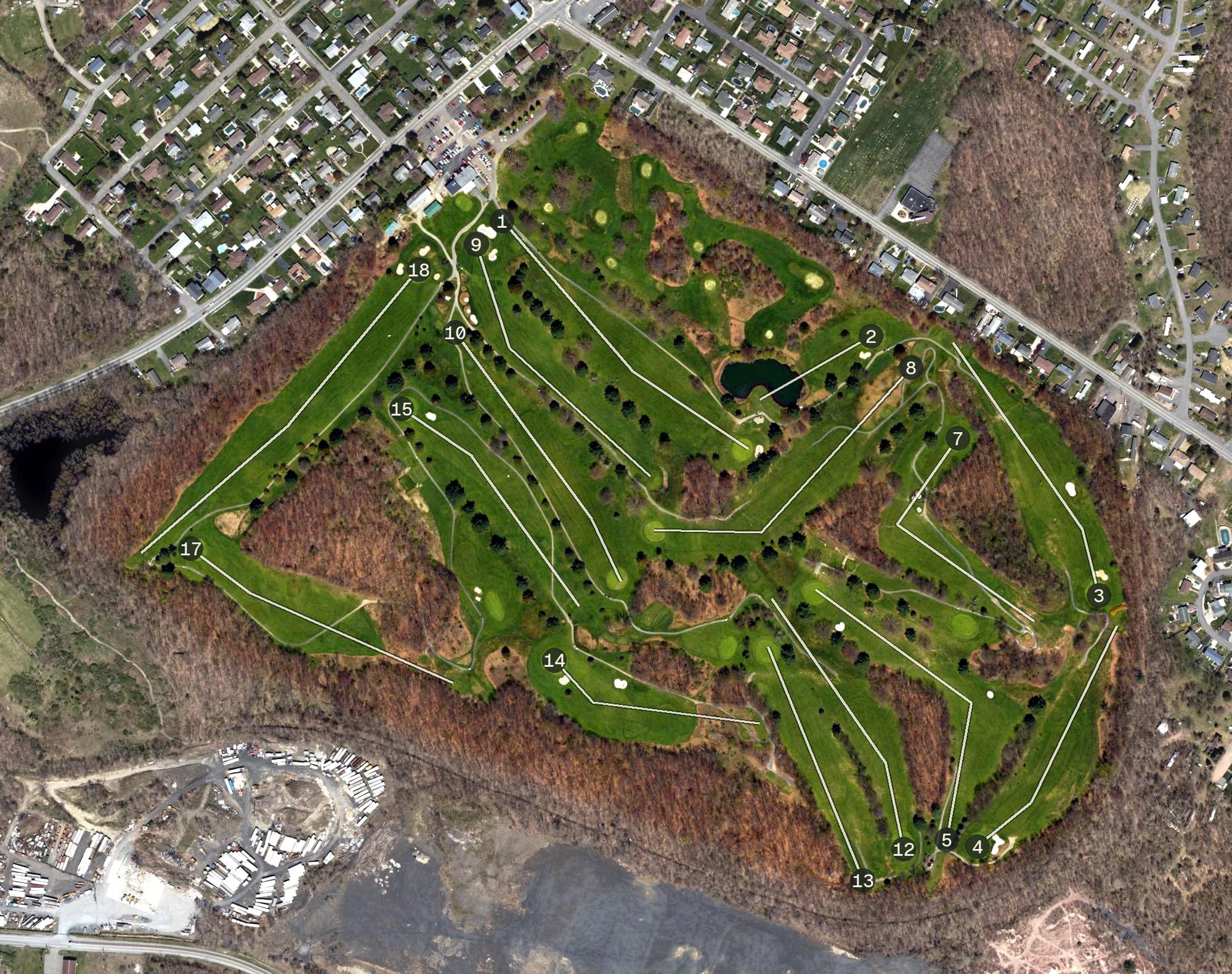Aerial view of Pine Hills Country Club, PA, with its hole routing marked