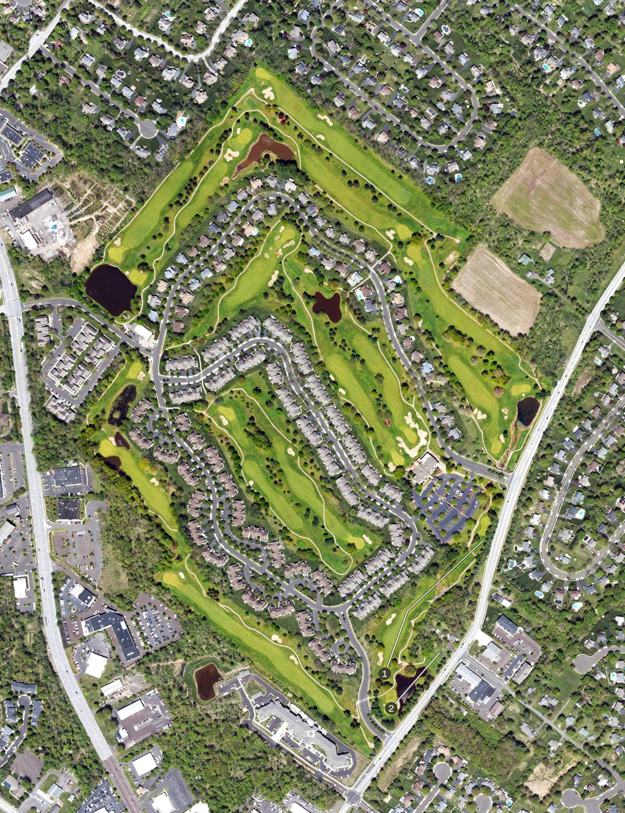 Aerial view of PineCrest Country Club, PA, with its hole routing marked