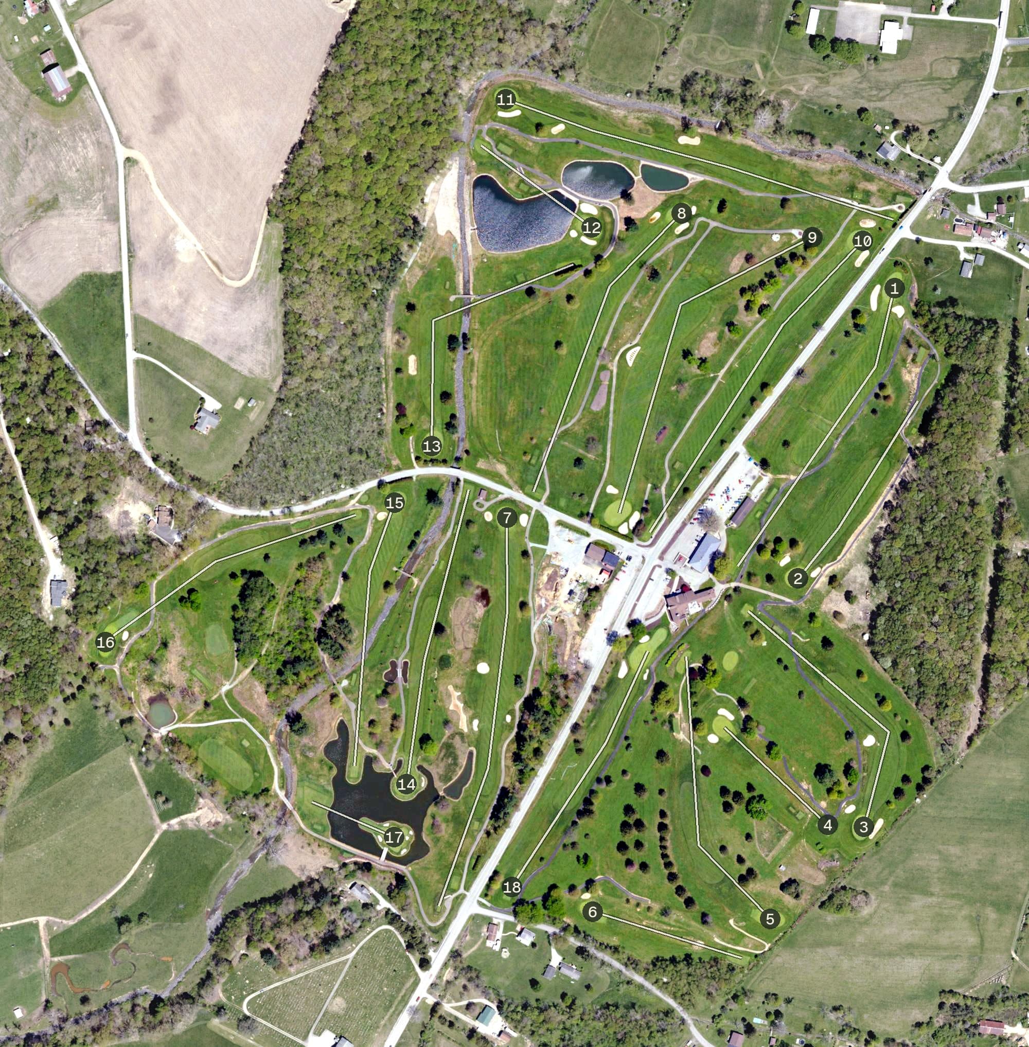 Aerial view of Pleasant Valley Country Club, PA, with its hole routing marked