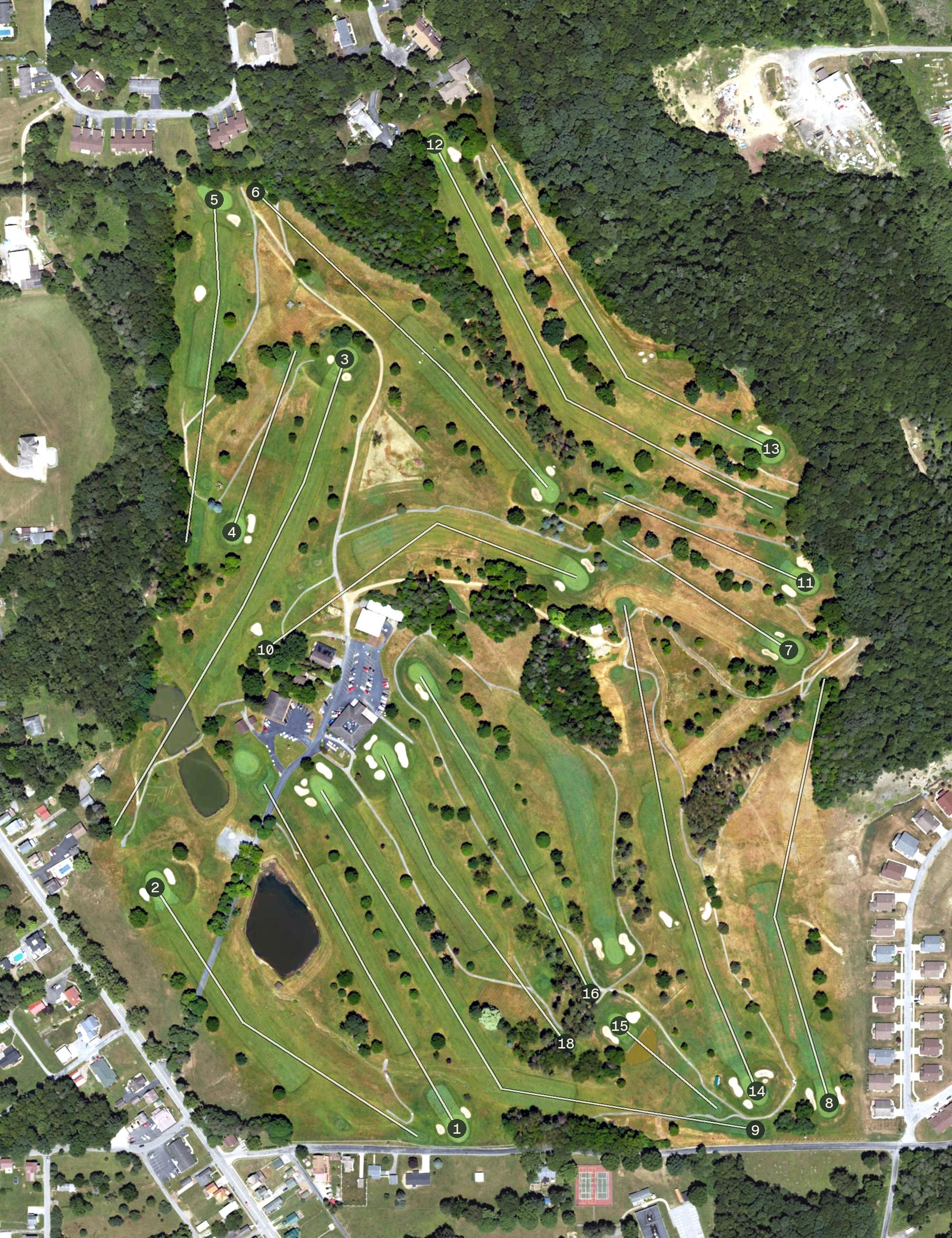 Aerial view of Punxsutawney Country Club, PA, with its hole routing marked