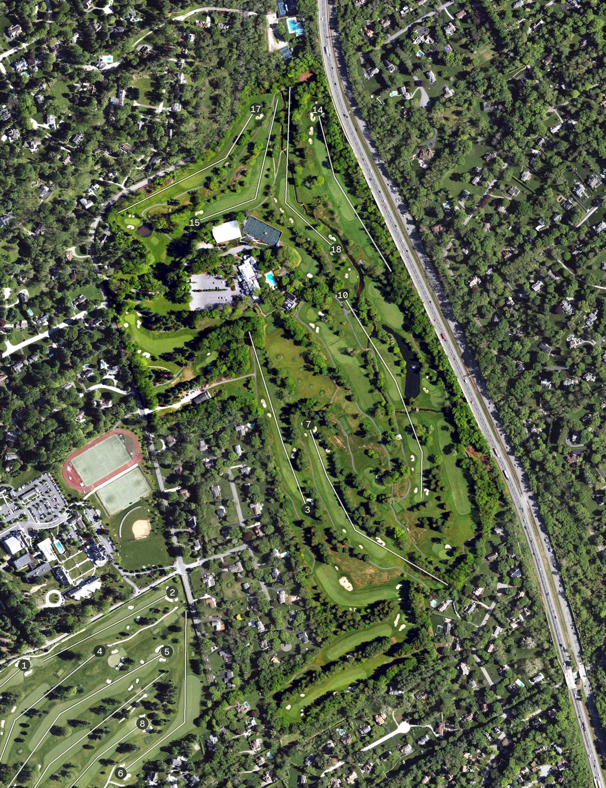 Aerial view of Radnor Valley Country Club, PA, with its hole routing marked