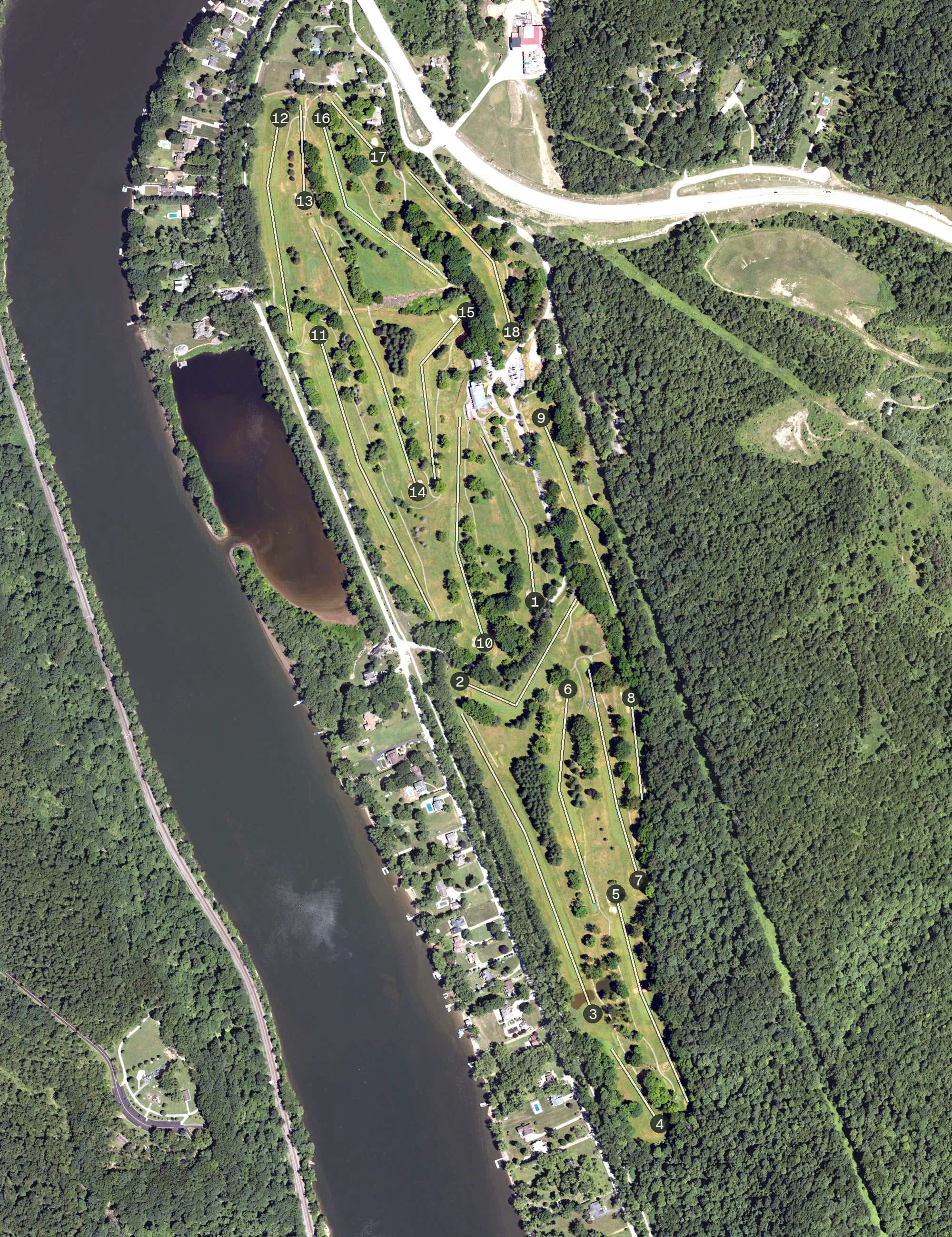 Aerial view of River Forest Country CLub, PA, with its hole routing marked