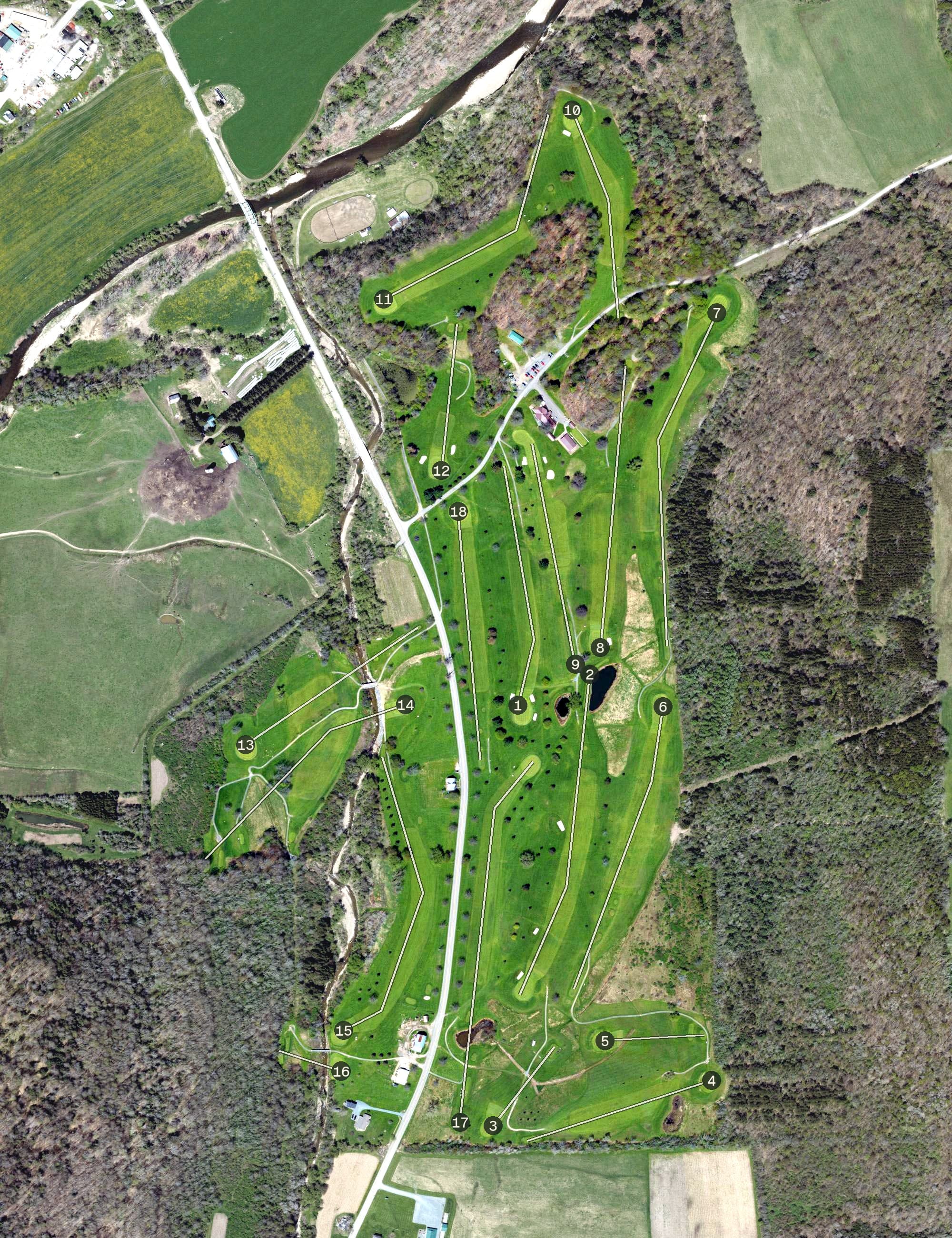 Aerial view of River Valley Country Club, PA, with its hole routing marked