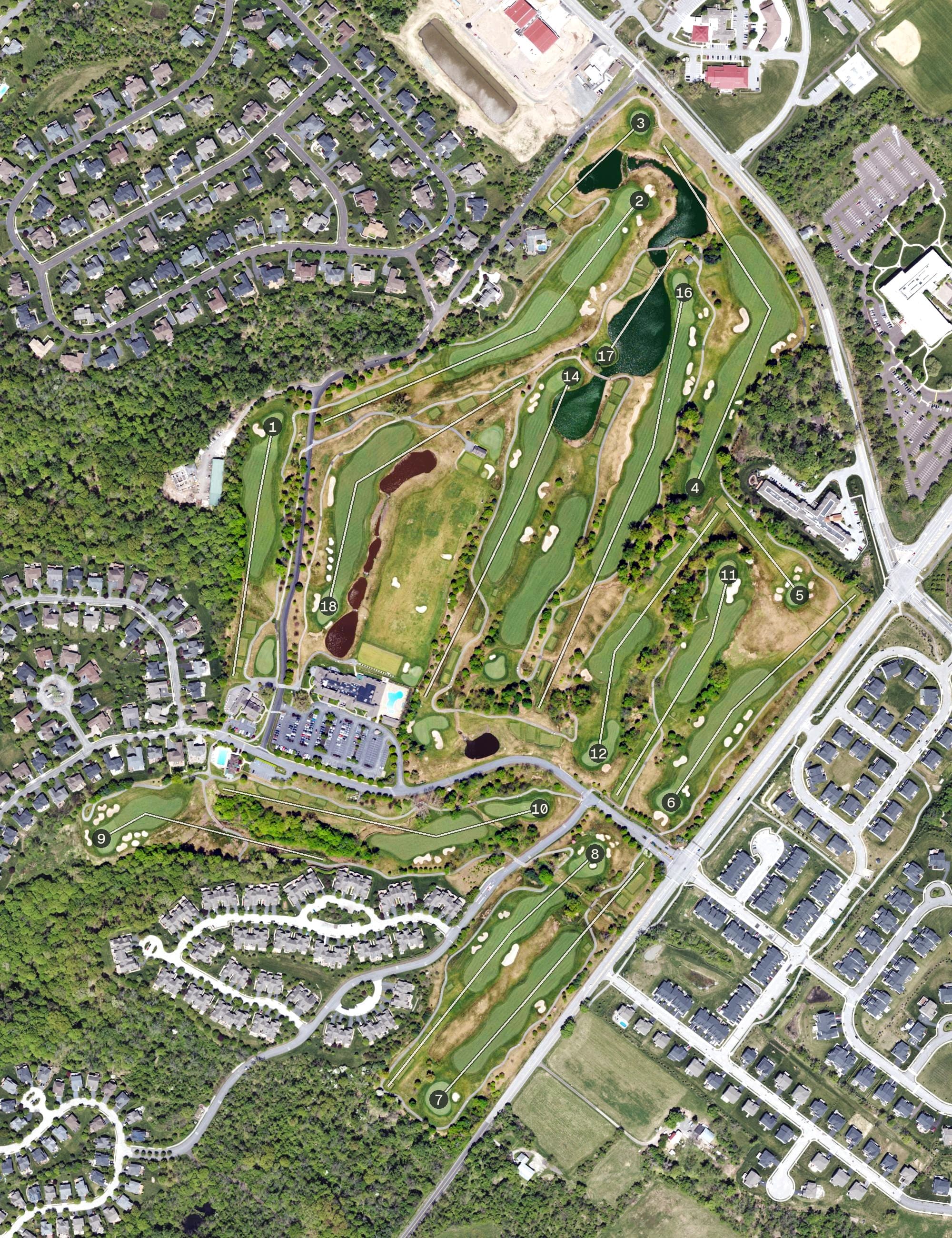 Aerial view of Rivercrest Golf Club & Preserve, PA, with its hole routing marked