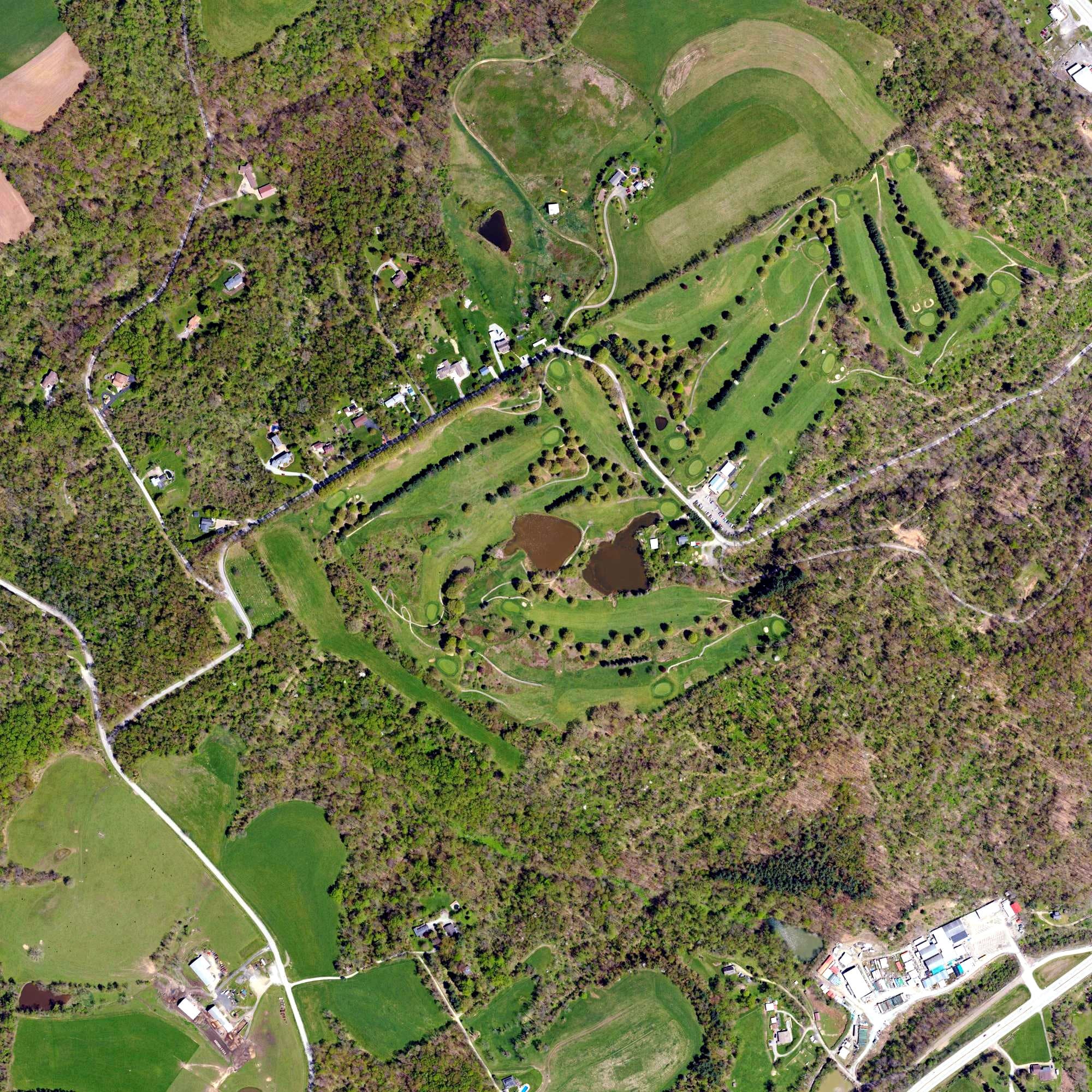 Aerial view of Rolling Fields Golf Course, PA, with its hole routing marked