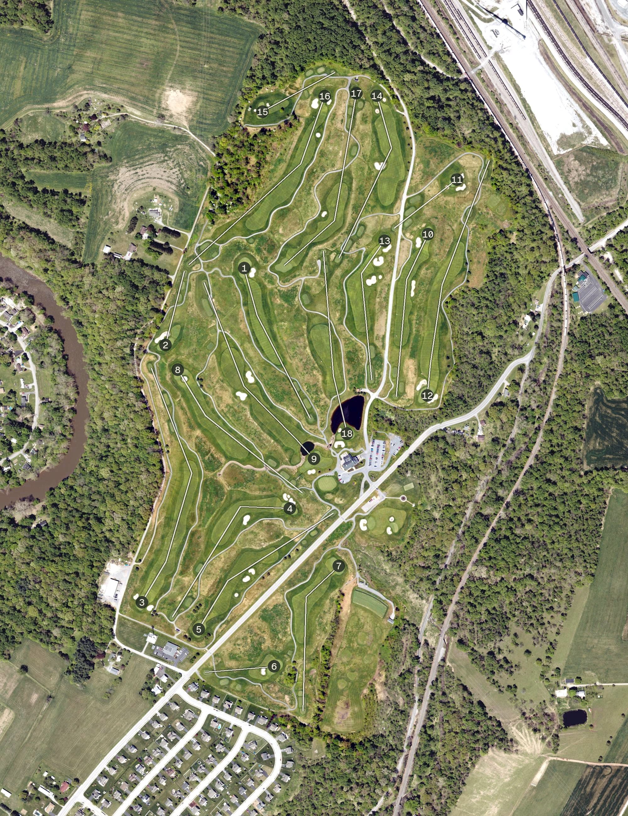 Aerial view of Royal Manchester Golf Links, PA, with its hole routing marked