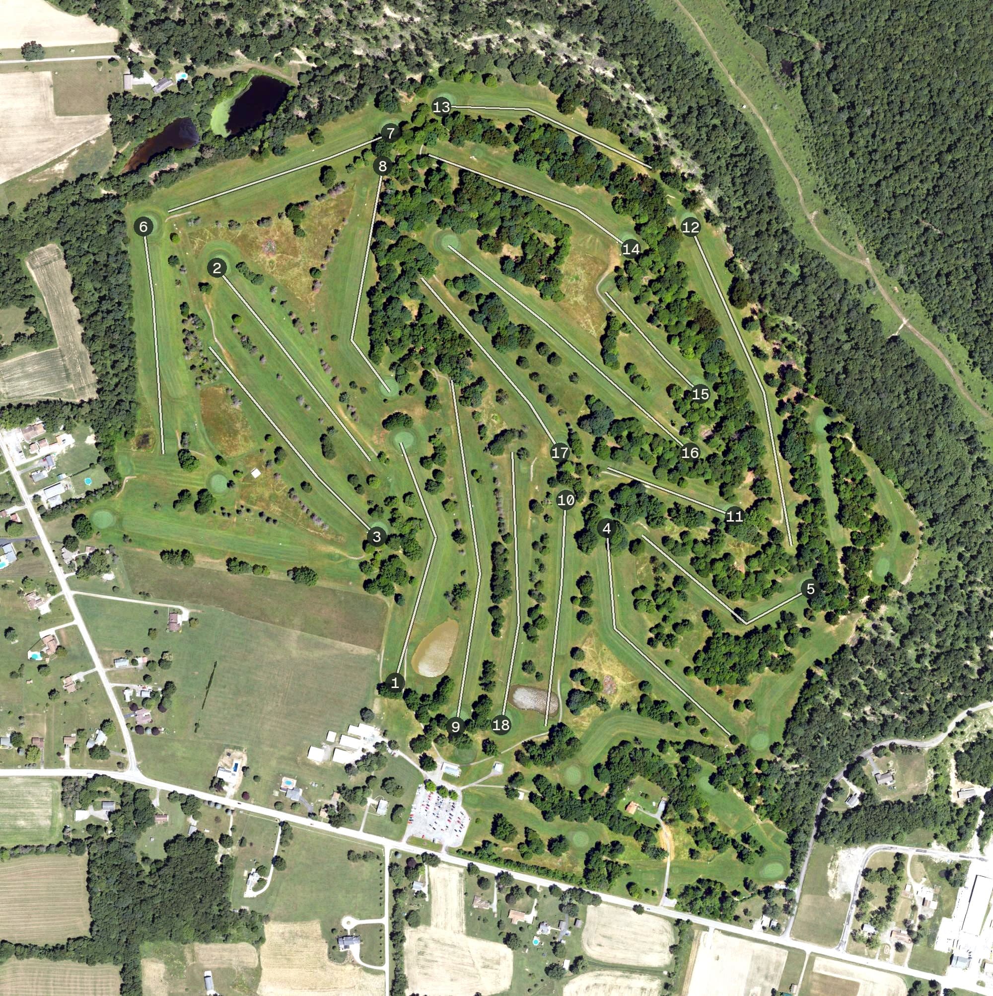 Aerial view of Saxon Golf Course, PA, with its hole routing marked