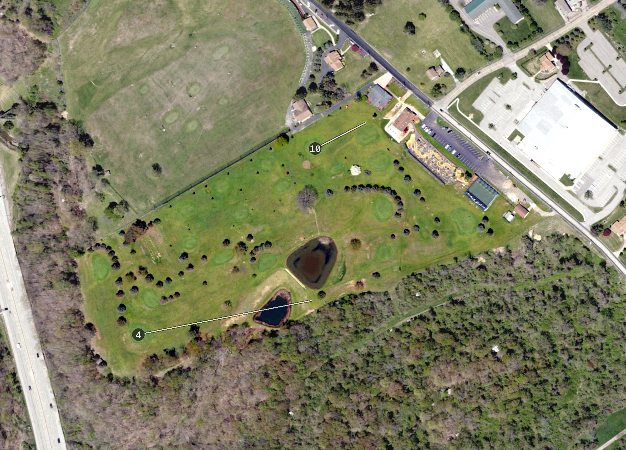 Aerial view of Scally's Par-3 and Mini Golf, PA, with its hole routing marked