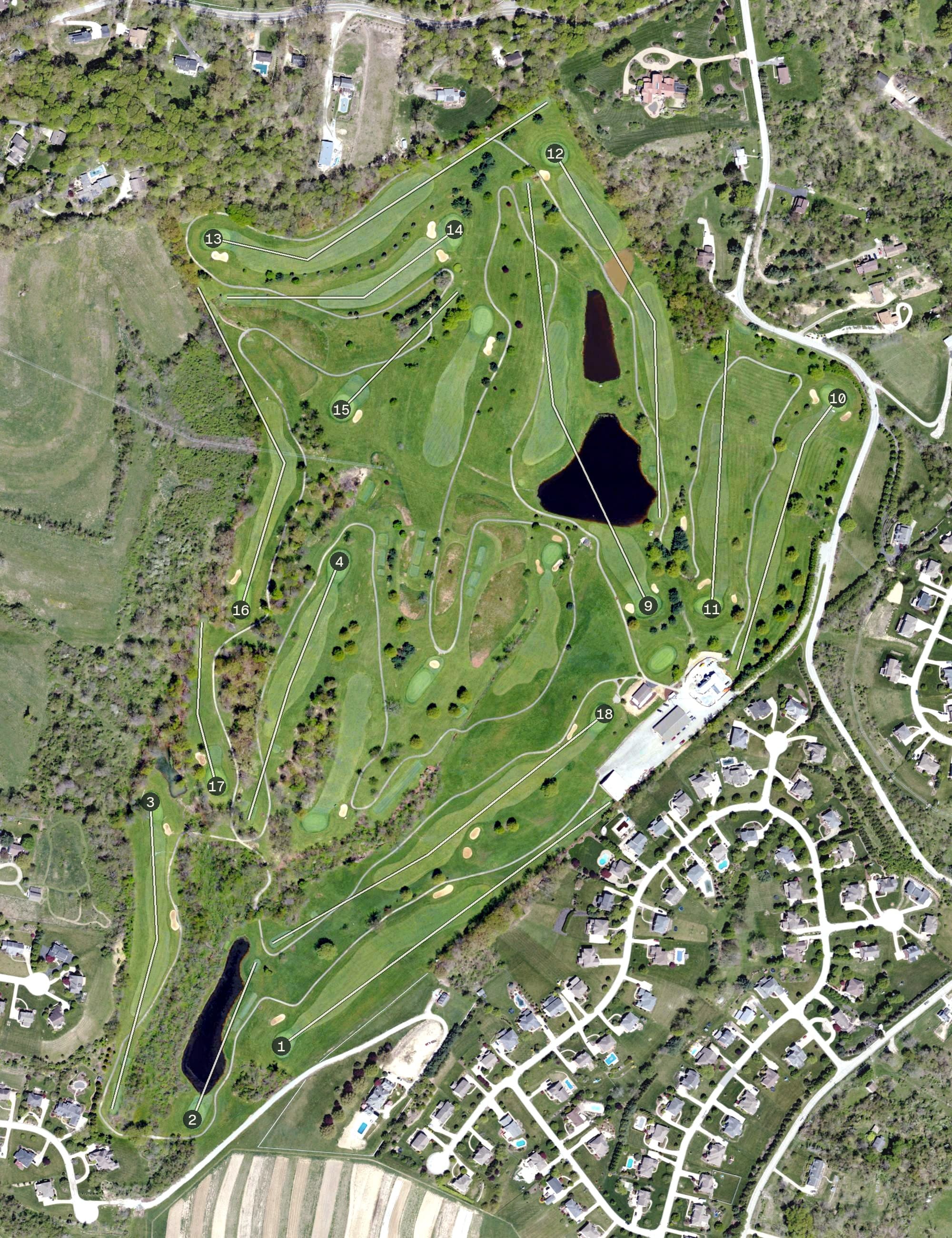 Aerial view of Scenic Valley Golf Course, PA, with its hole routing marked