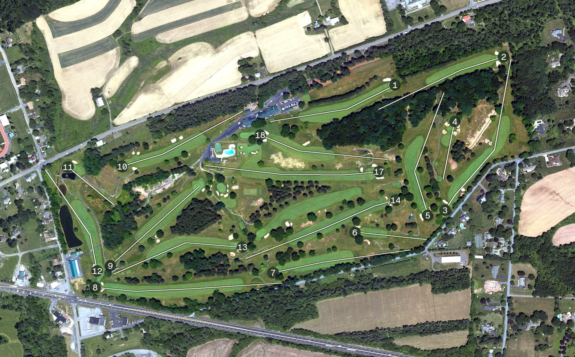 Aerial view of Schuylkill Country Club, PA, with its hole routing marked