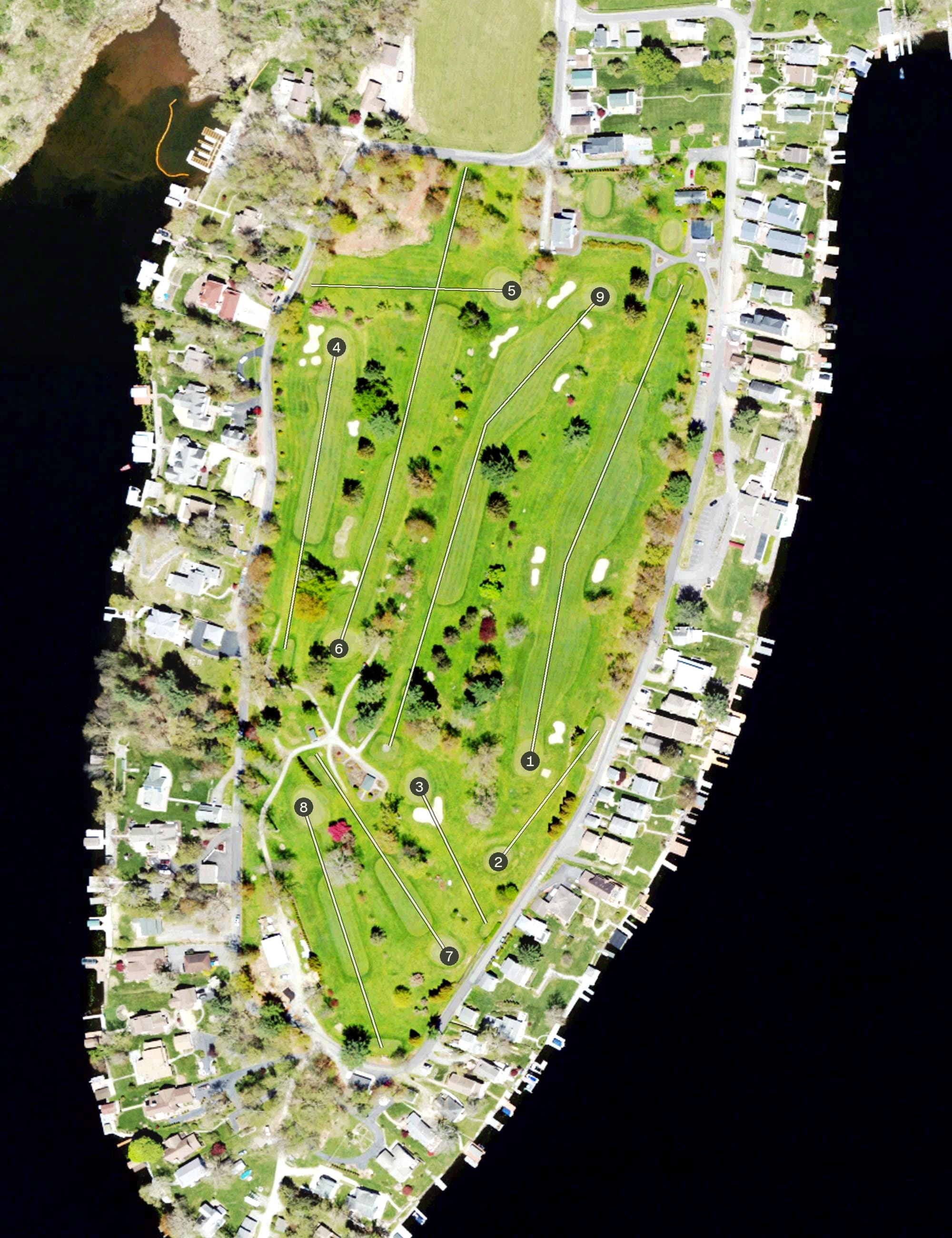 Aerial view of Scranton Canoe Club, PA, with its hole routing marked
