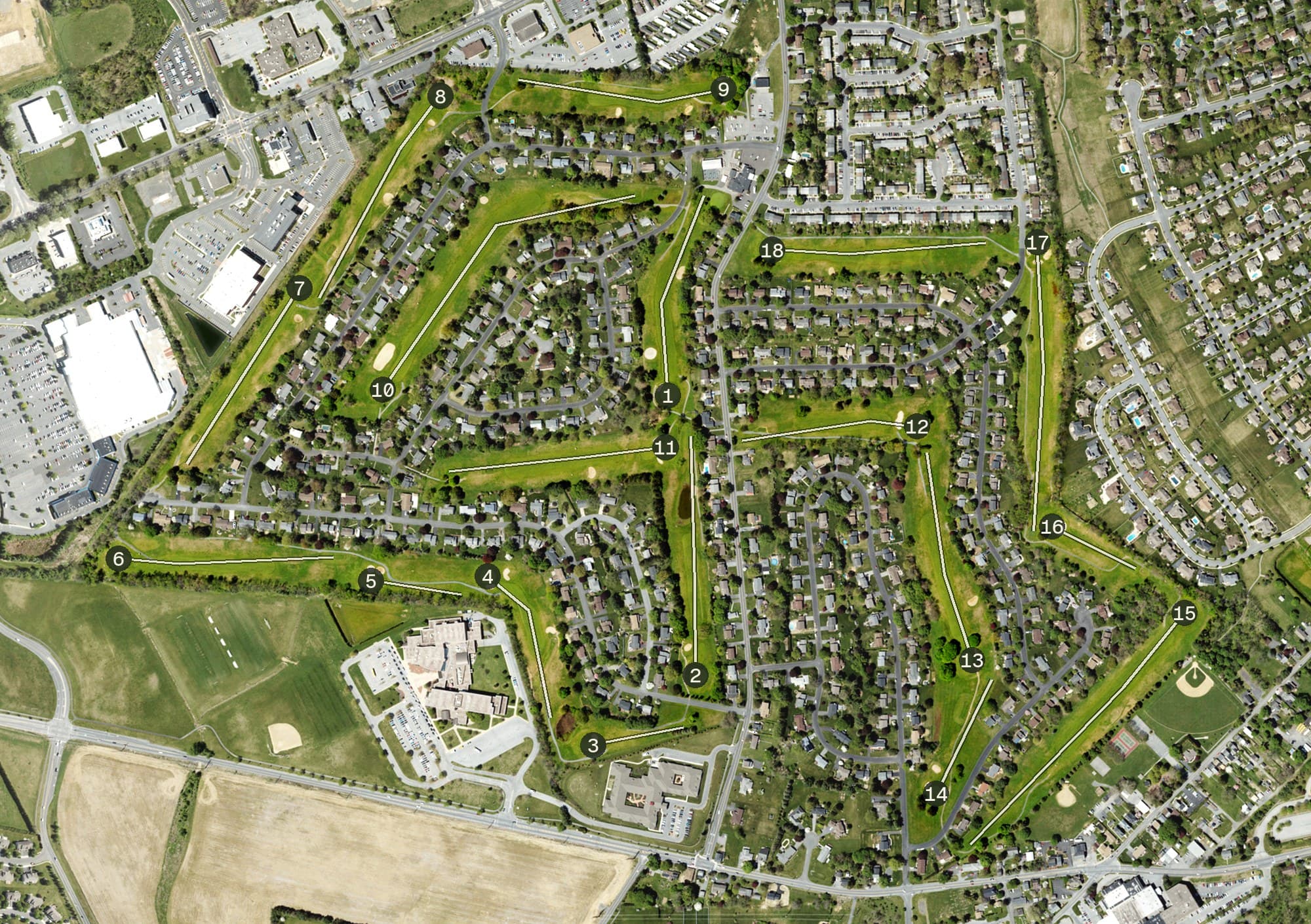 Aerial view of Shepherd Hills Golf Club, PA, with its hole routing marked