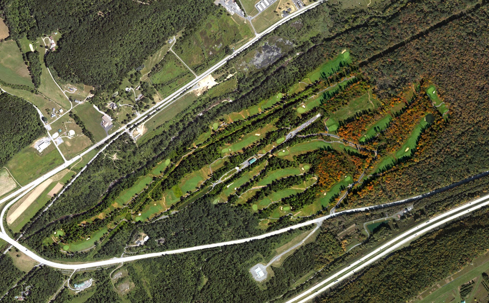 Aerial view of Skytop Mountain Golf Club, PA, with its hole routing marked