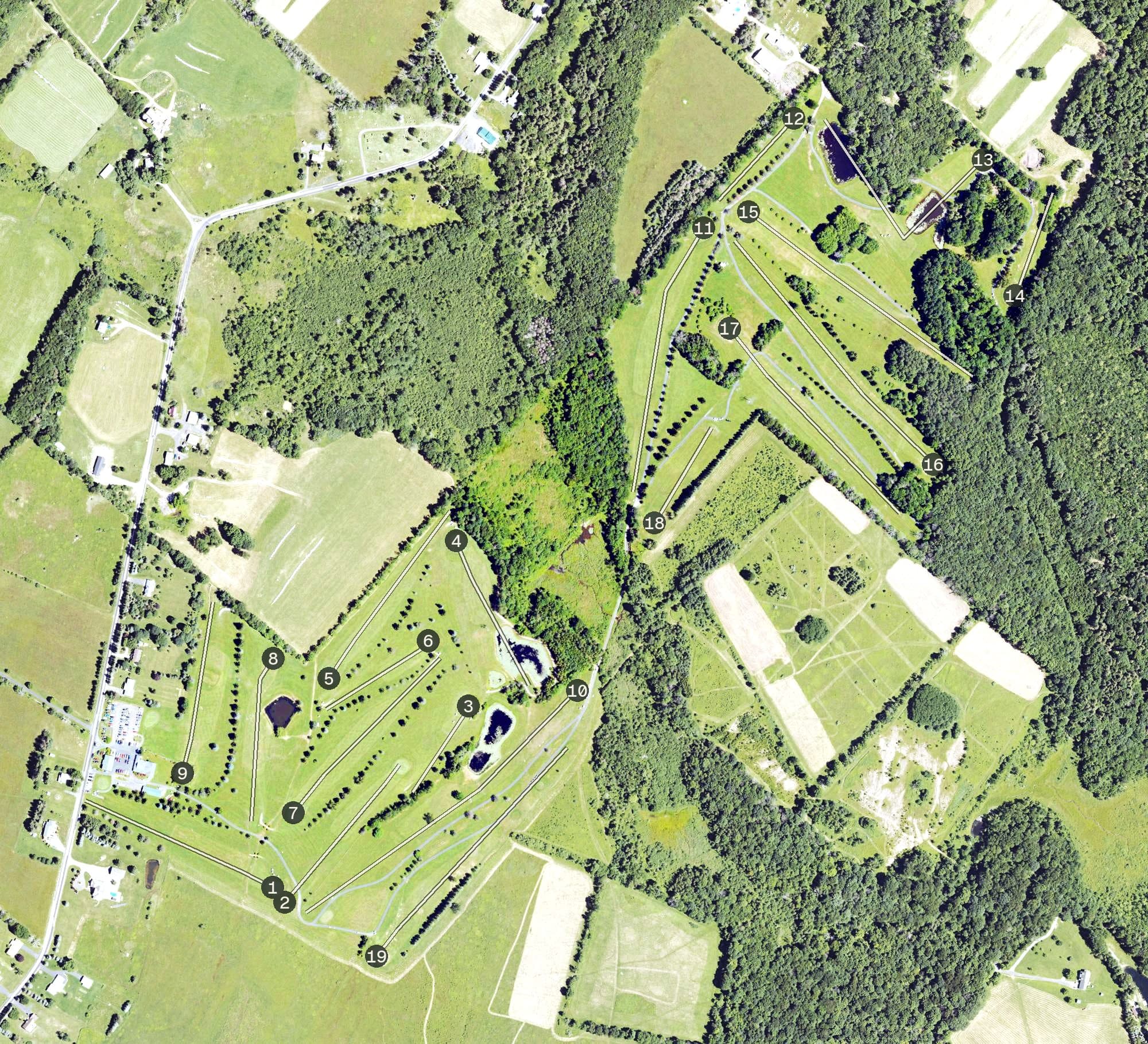 Aerial view of Sleepy Hollow Golf Course, PA, with its hole routing marked