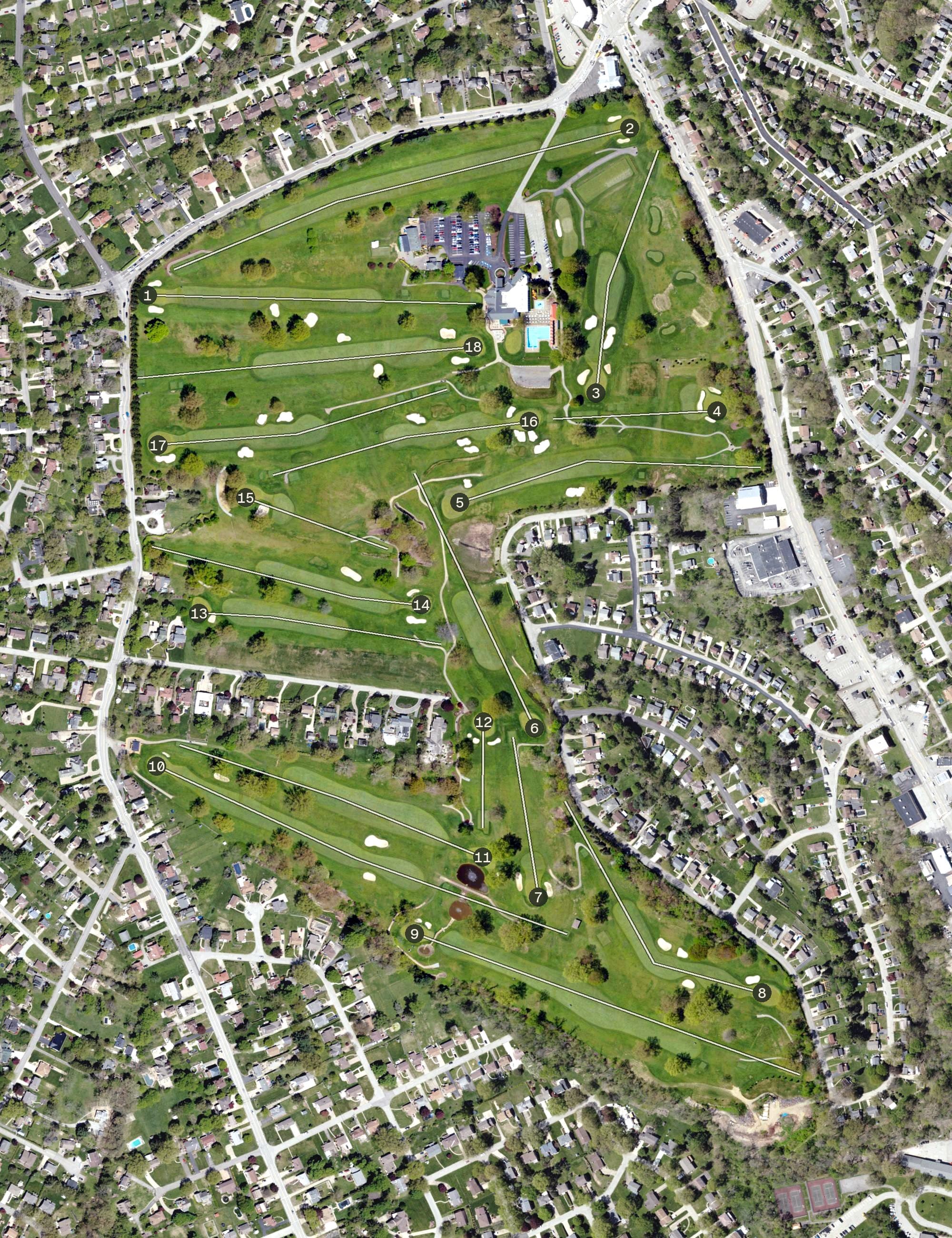 Aerial view of South Hills Country Club, PA, with its hole routing marked