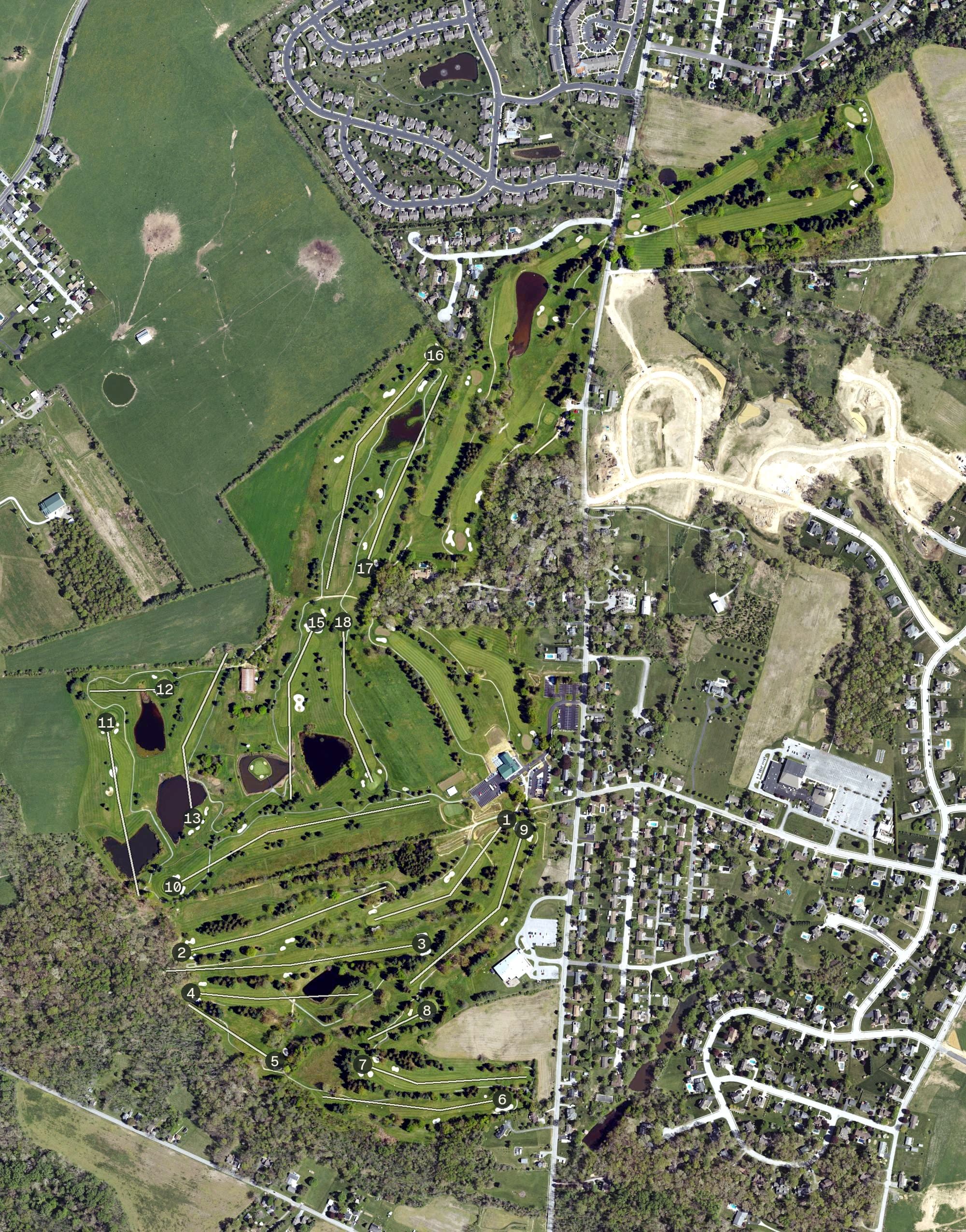 Aerial view of South Hills Golf Club, PA, with its hole routing marked