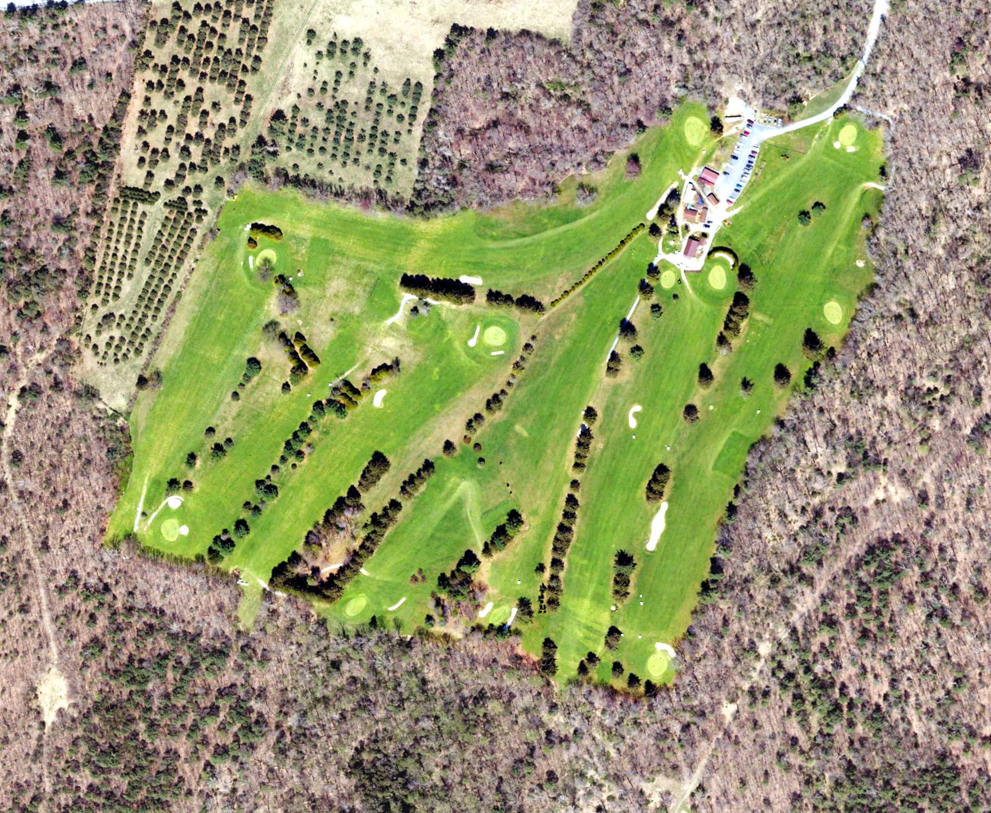 Aerial view of South Mountain Golf Course, PA, with its hole routing marked