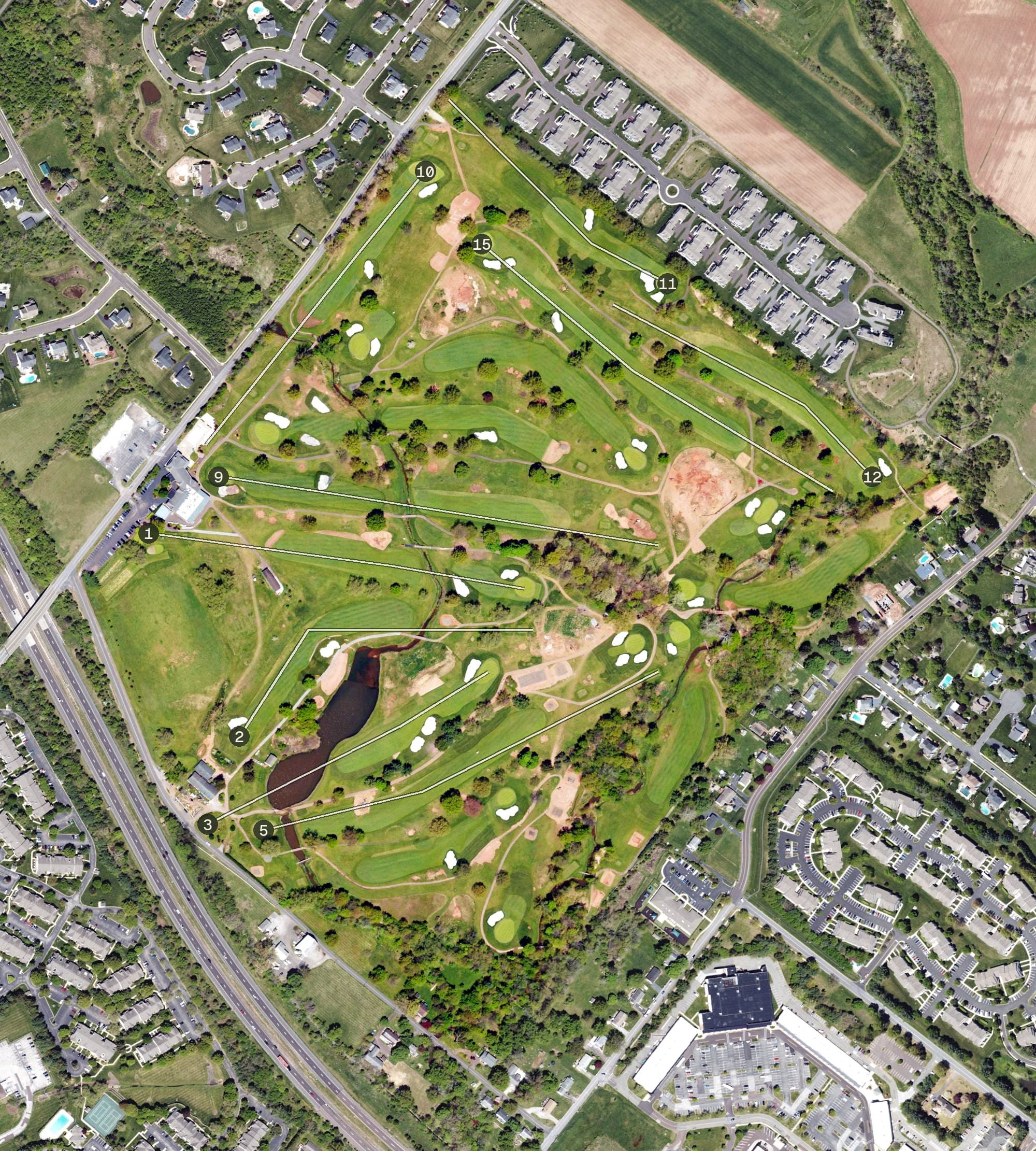 Aerial view of Spring Ford Country Club, PA, with its hole routing marked
