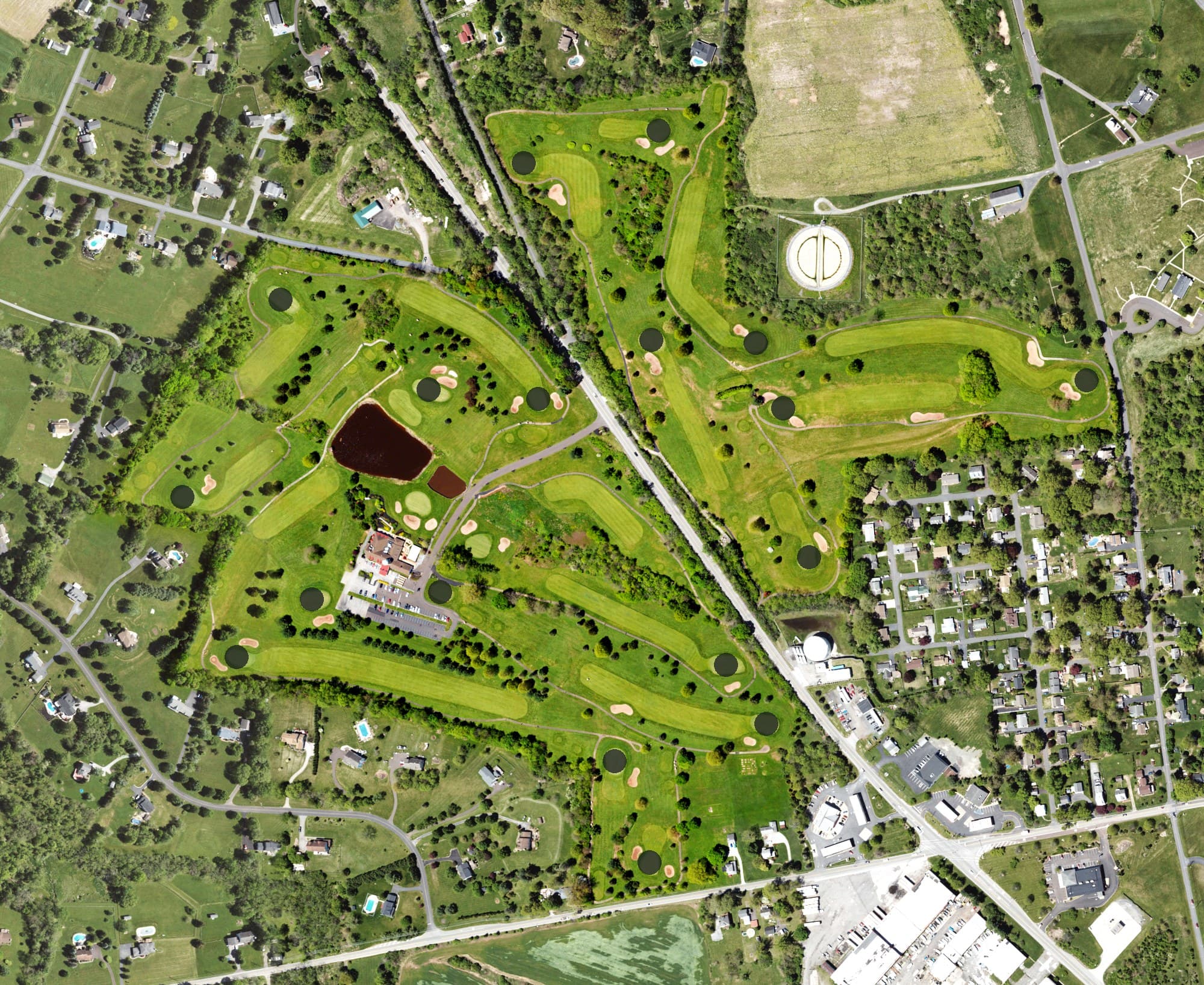 Aerial view of Spring Hollow Golf Club, PA, with its hole routing marked