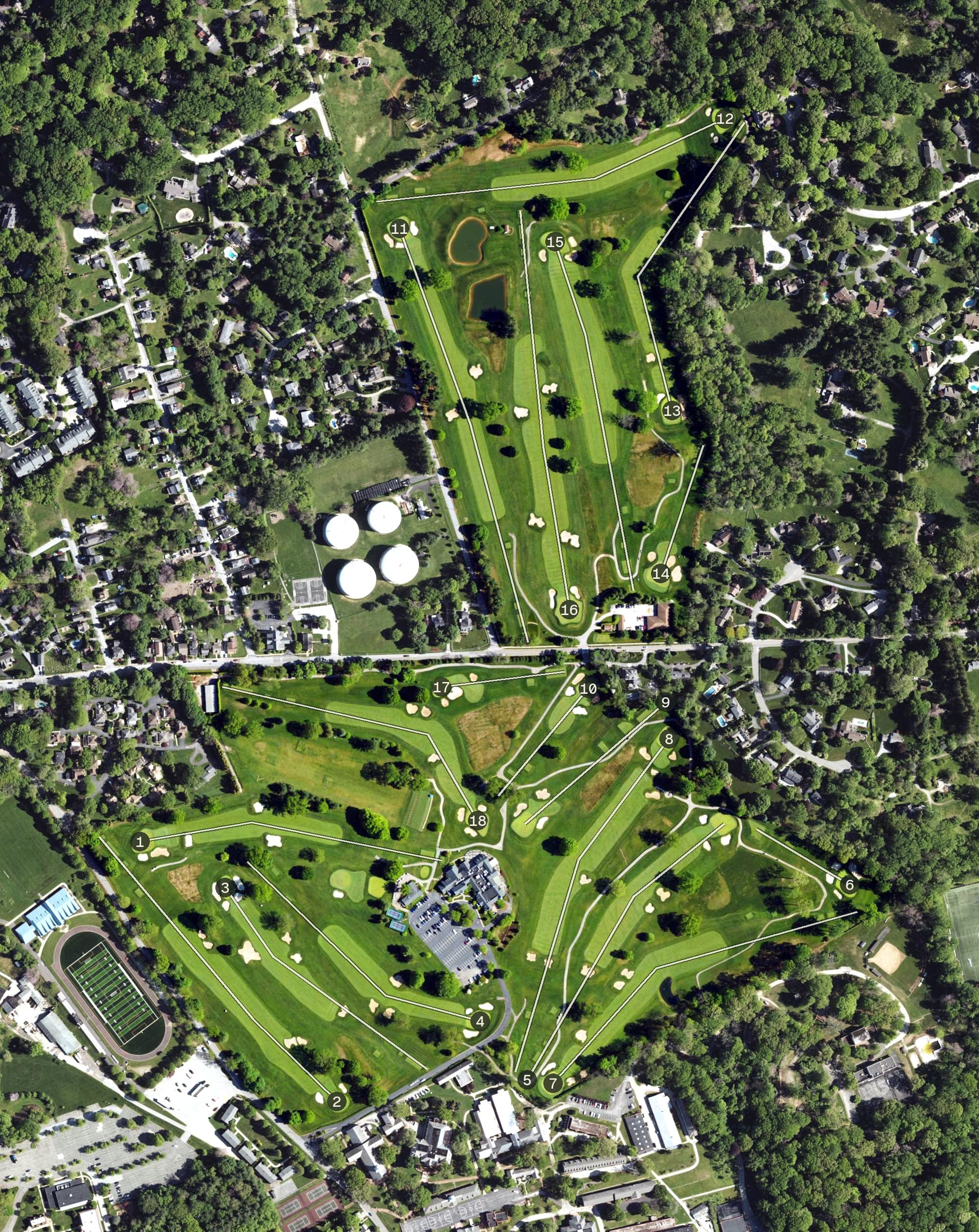 Aerial view of St. David's Golf Club, PA, with its hole routing marked